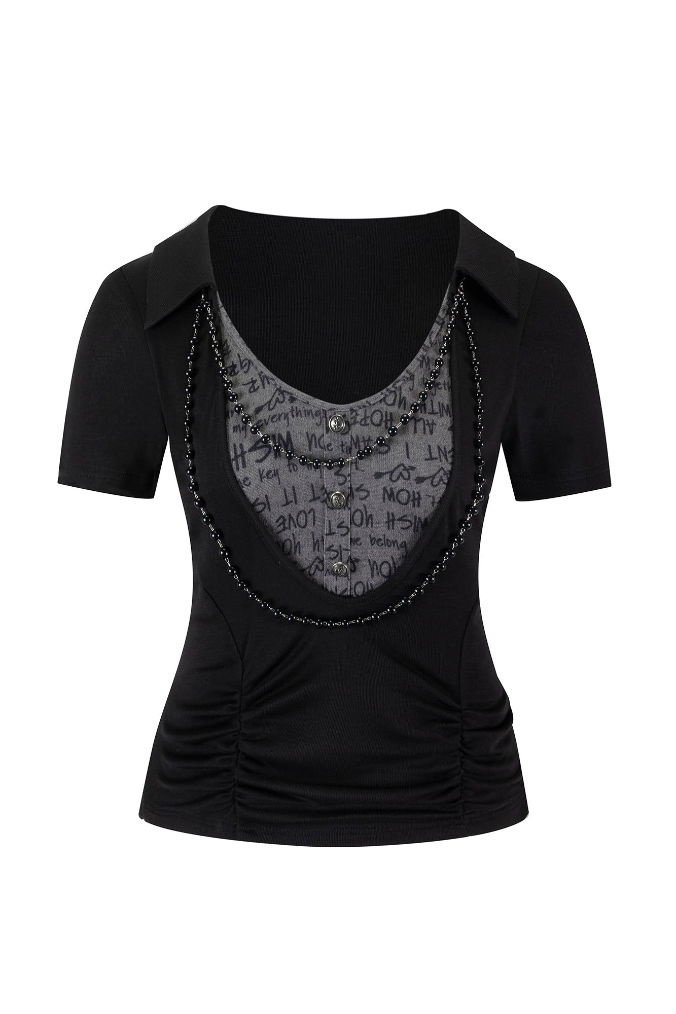 CESTNOUS Contrast Faux Layered Beaded Tee