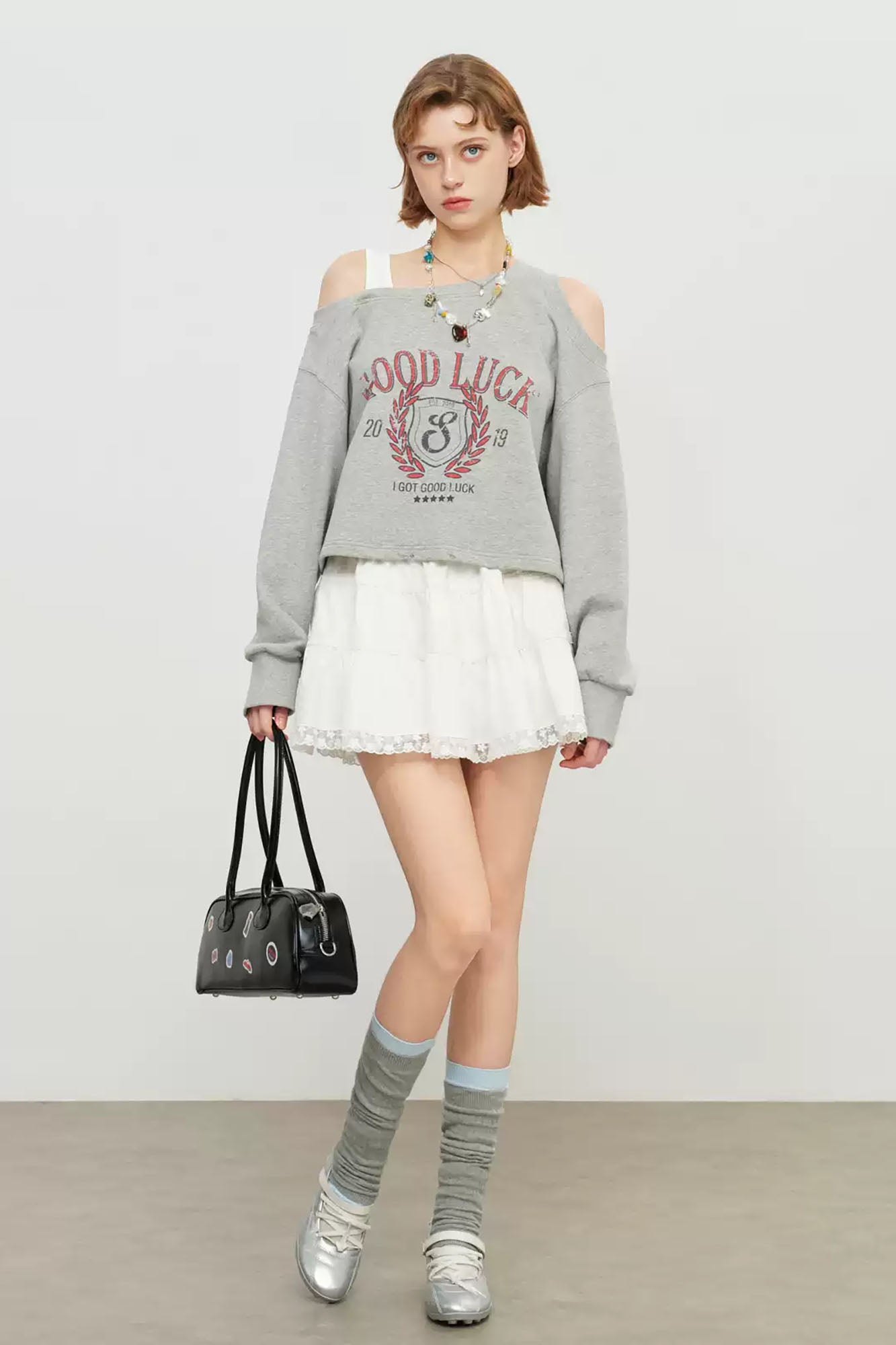 SOFITTE Retro Cutout Shoulder Cropped Sweatshirt