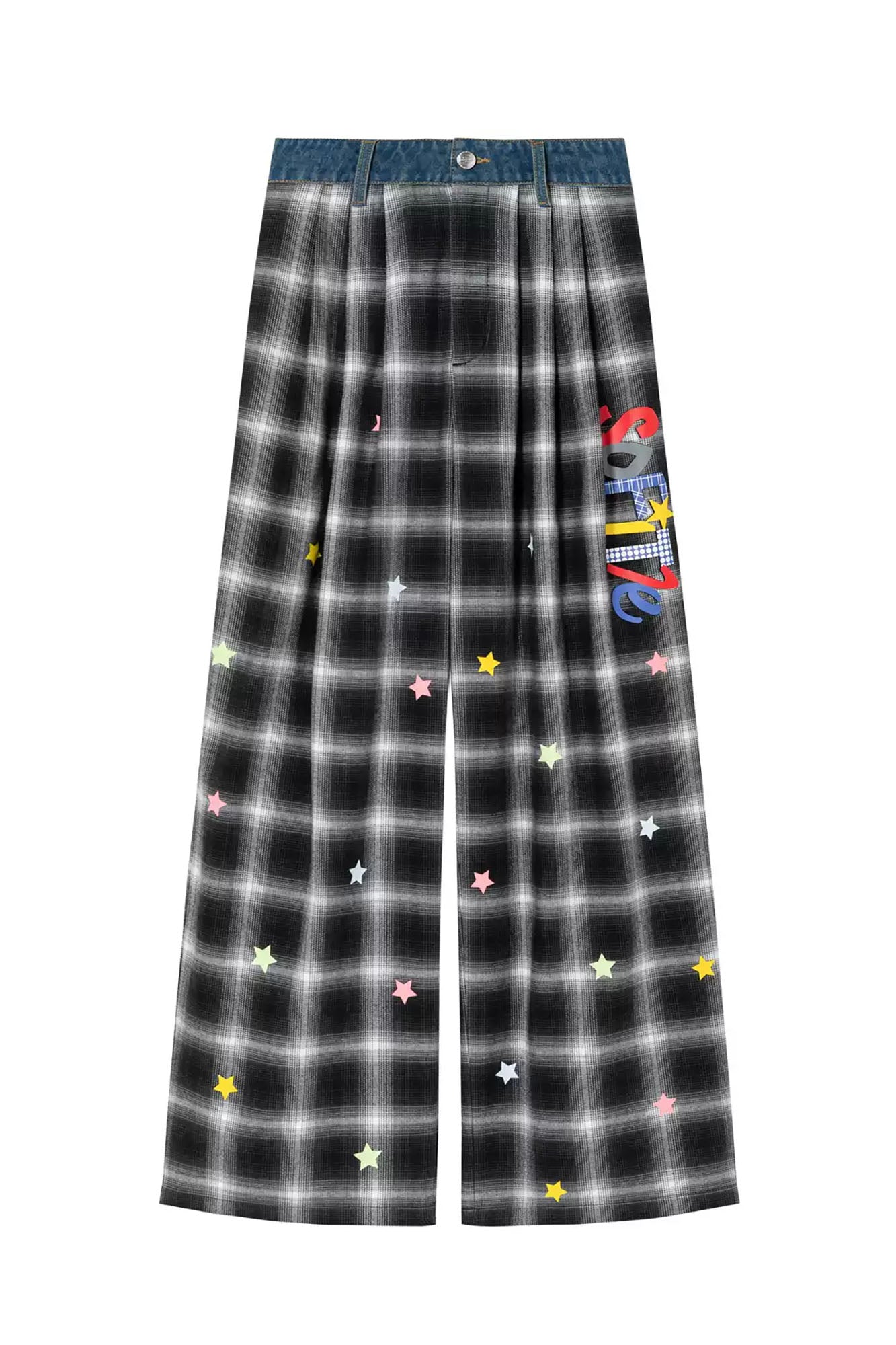 SOFITTE Denim-Waist Plaid Wide-Leg Pants