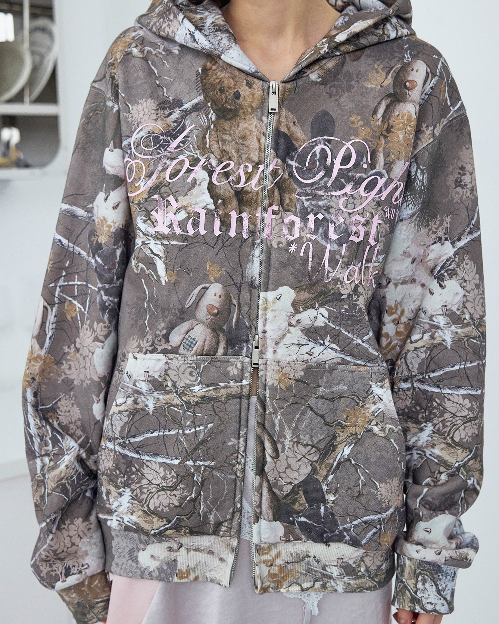WII WIL Teddy Print Camo Full-Print Zip-Up Hoodie