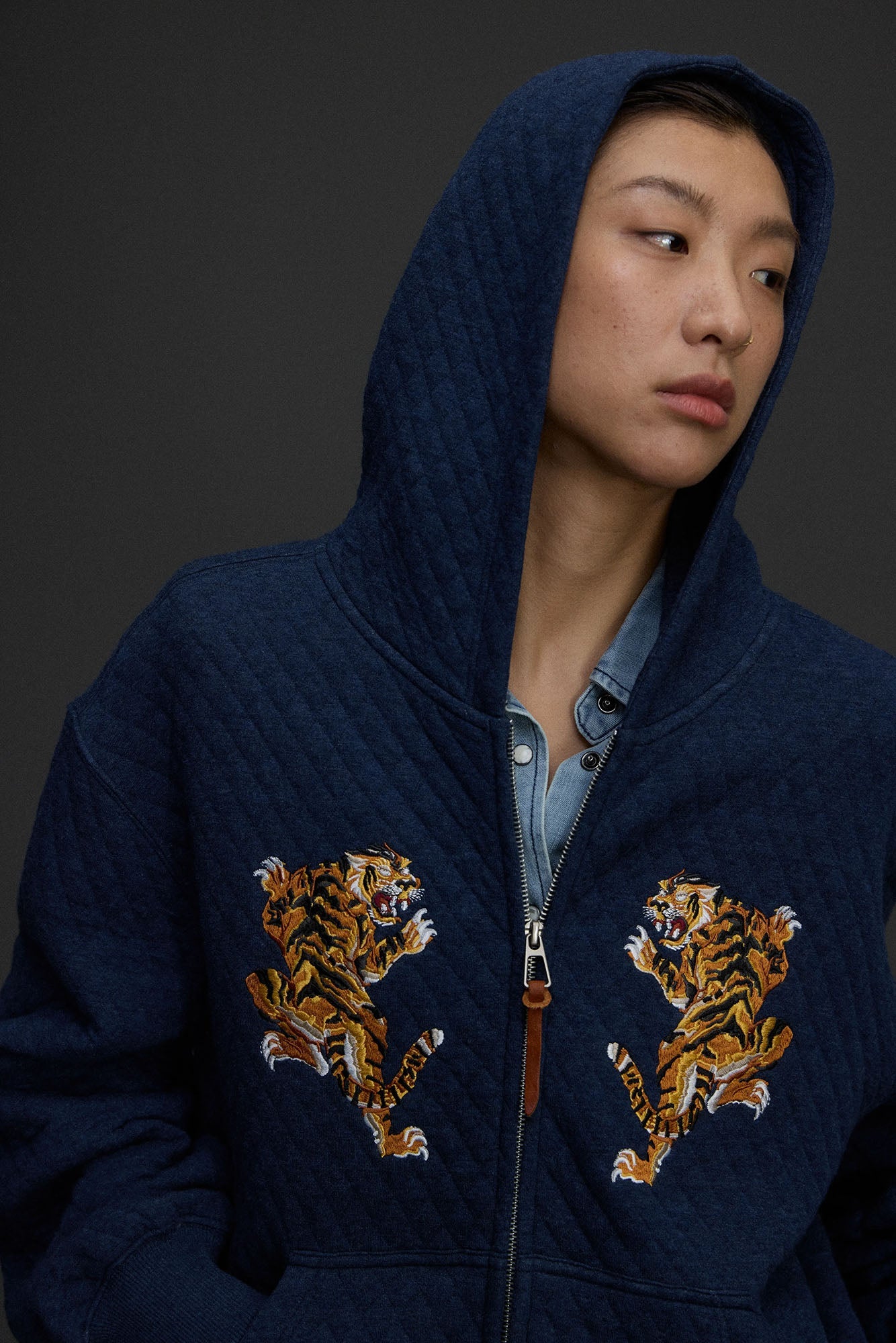 NIANJIUYIKOUER Tiger Embroidered Quilted Zip-Up Hoodie, premium urban and streetwear designers apparel on PROJECTISR.com, NIANJIUYIKOUER