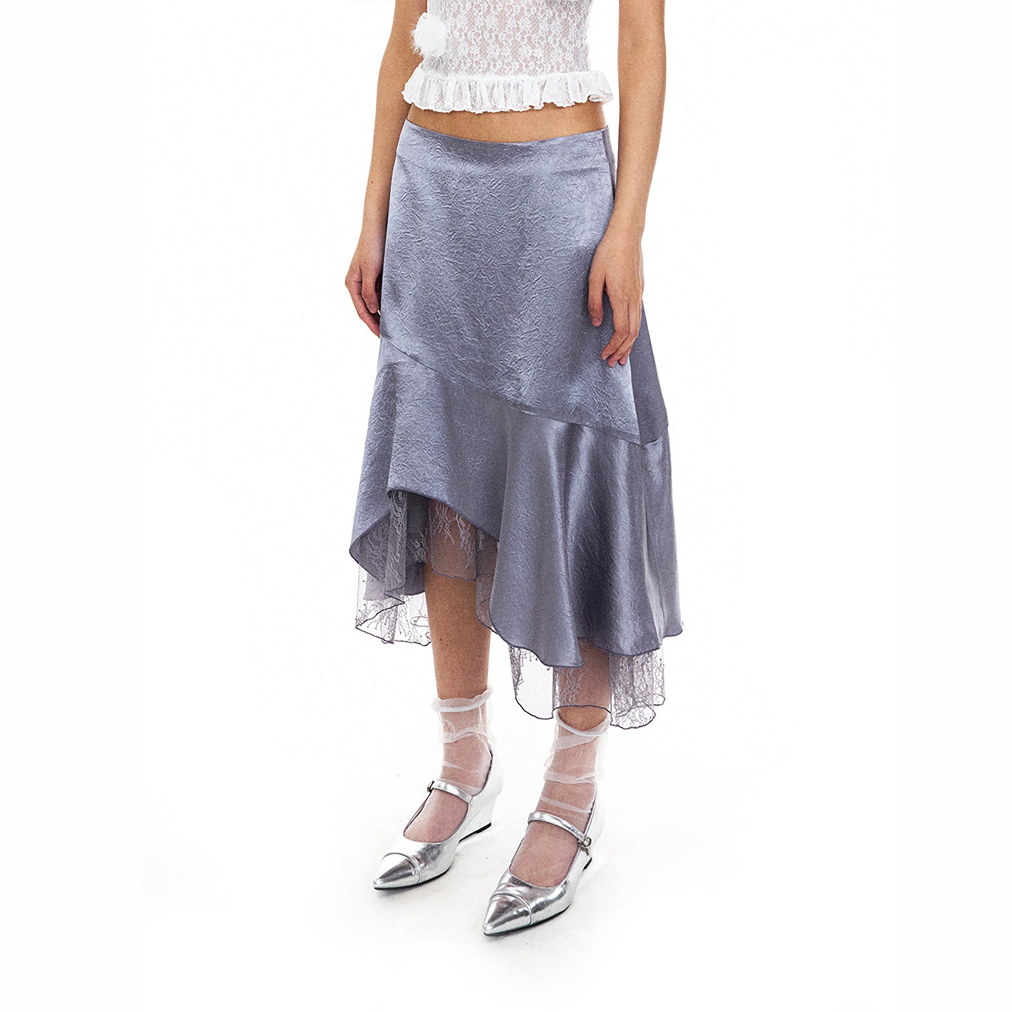 NEVERSEEZ Satin Acetate Lace-Panel Midi Skirt