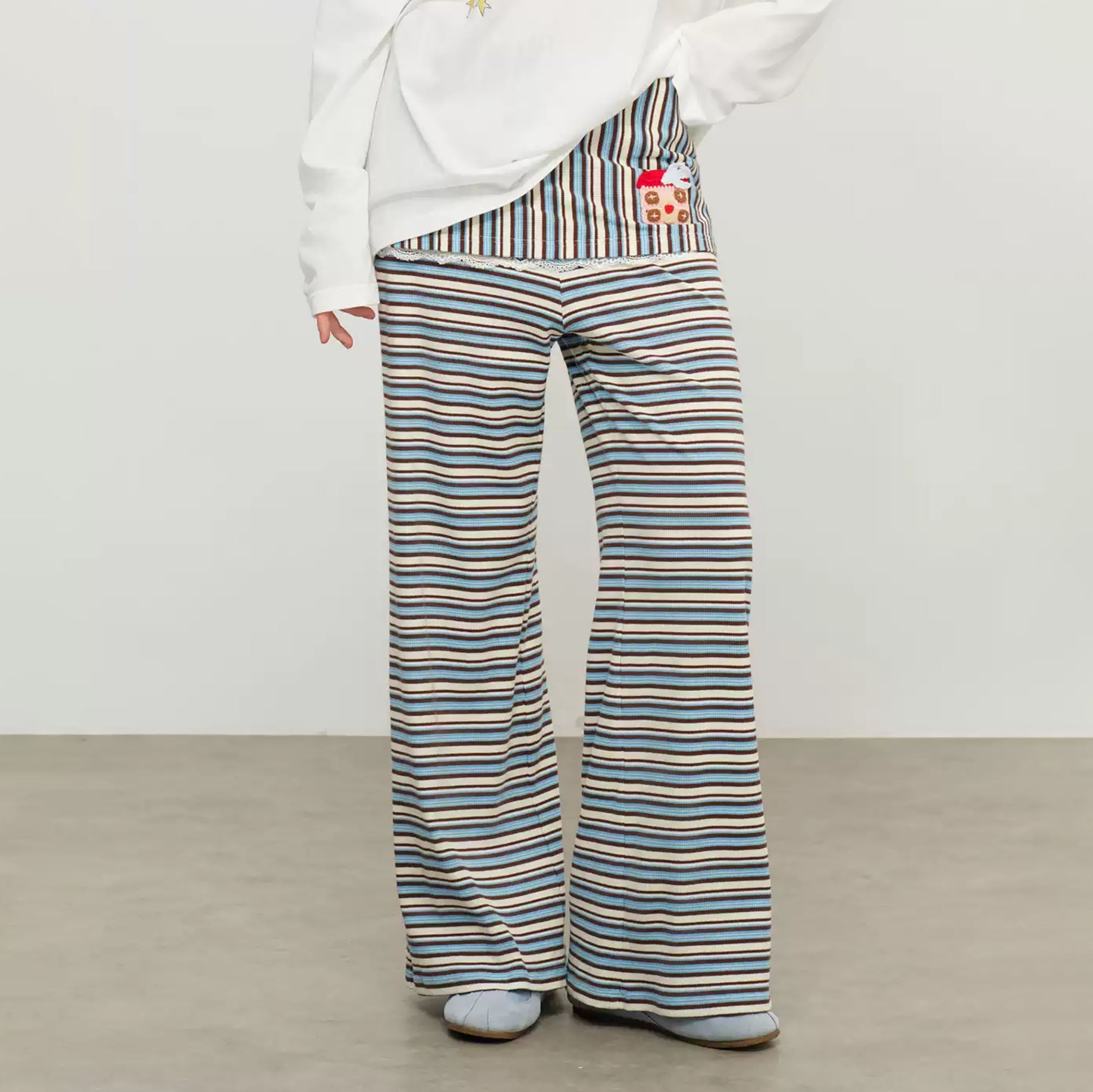 SOFITTE Lace-Hem Layer Striped Wide-Leg Pants