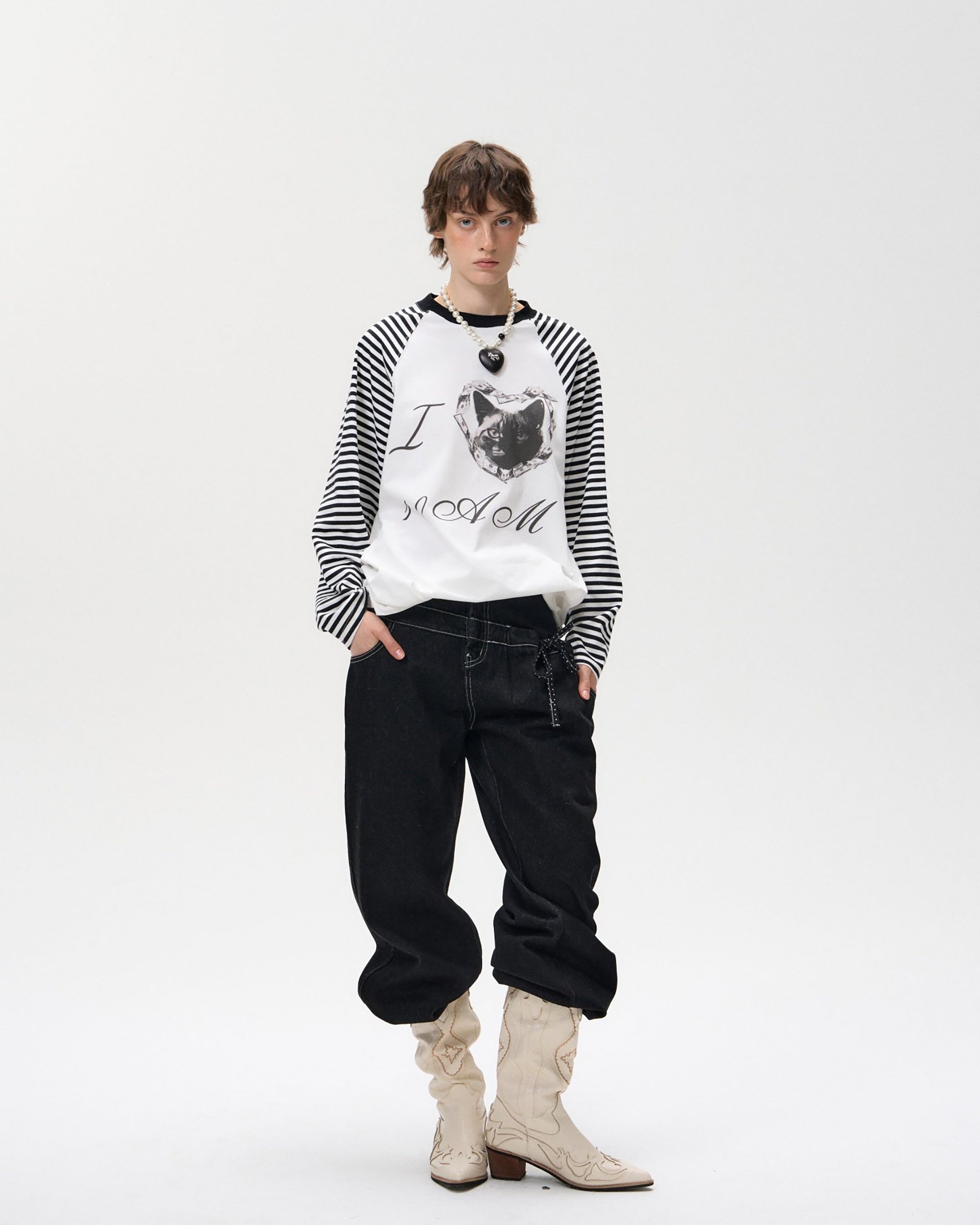 10AMSOTIIIIIIRED Modern Polka-Dot Waist Wide-Leg Jeans