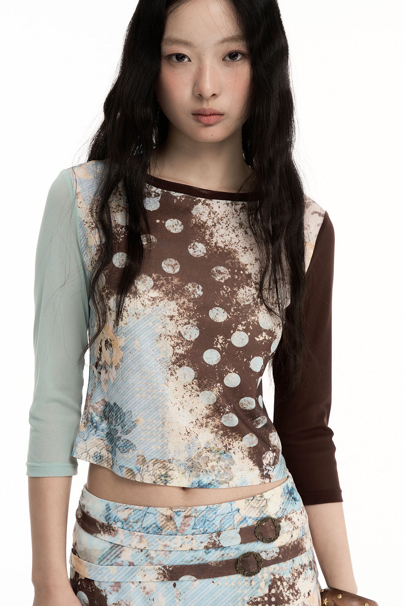 CONFUN Contrast Spliced Floral Long-Sleeve Tee
