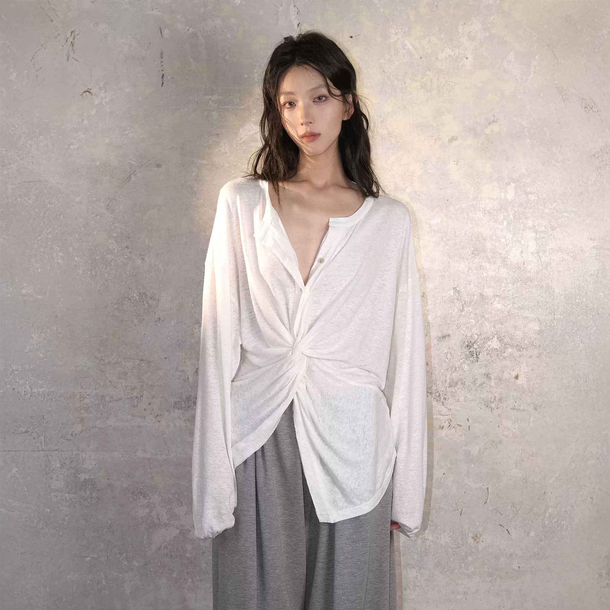 WHYNOTDANCE Twist-Front Draped Linen-Blend Long-Sleeve Tee