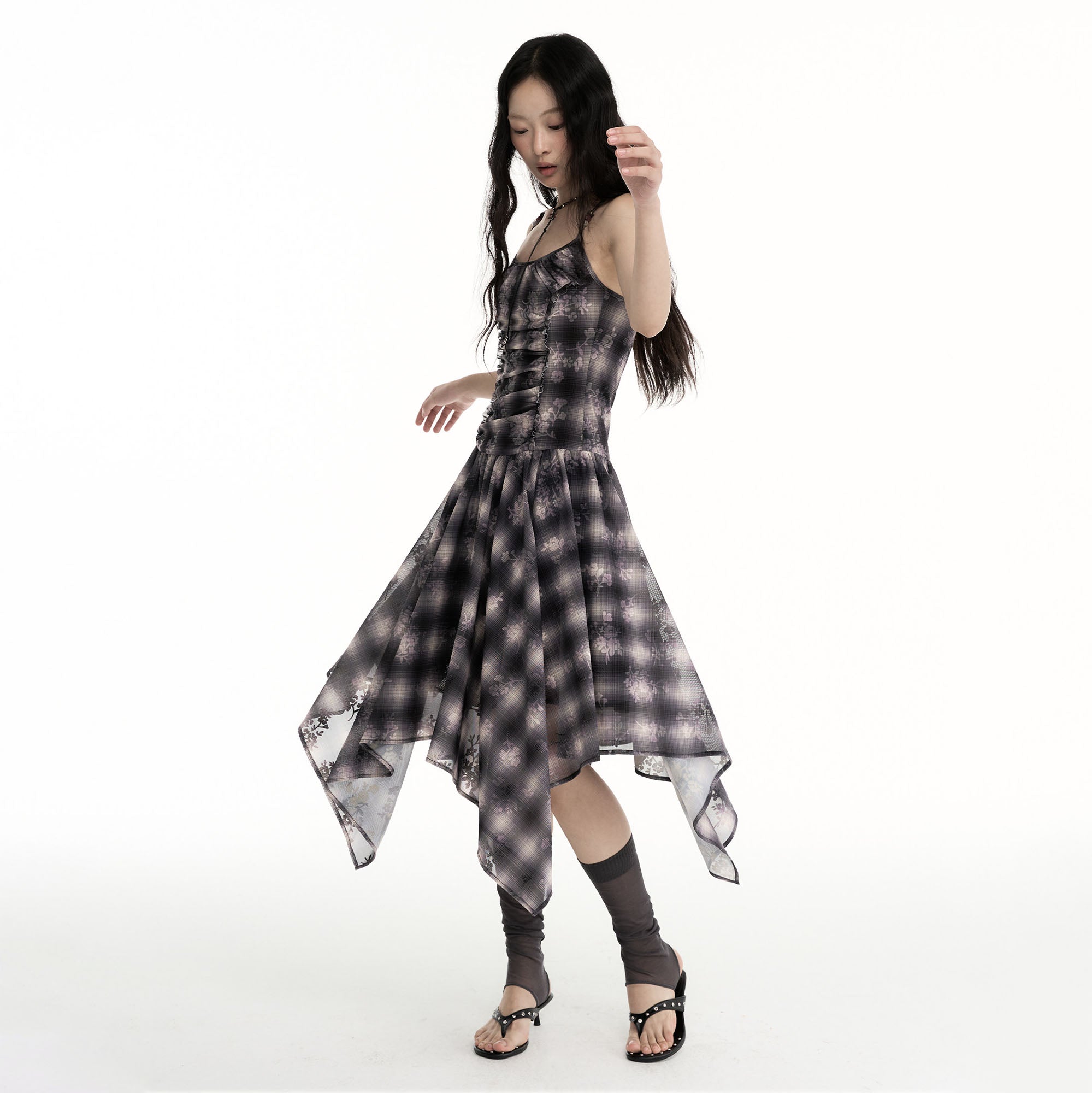 CONFUN Asymmetrical Plaid Midi Dress