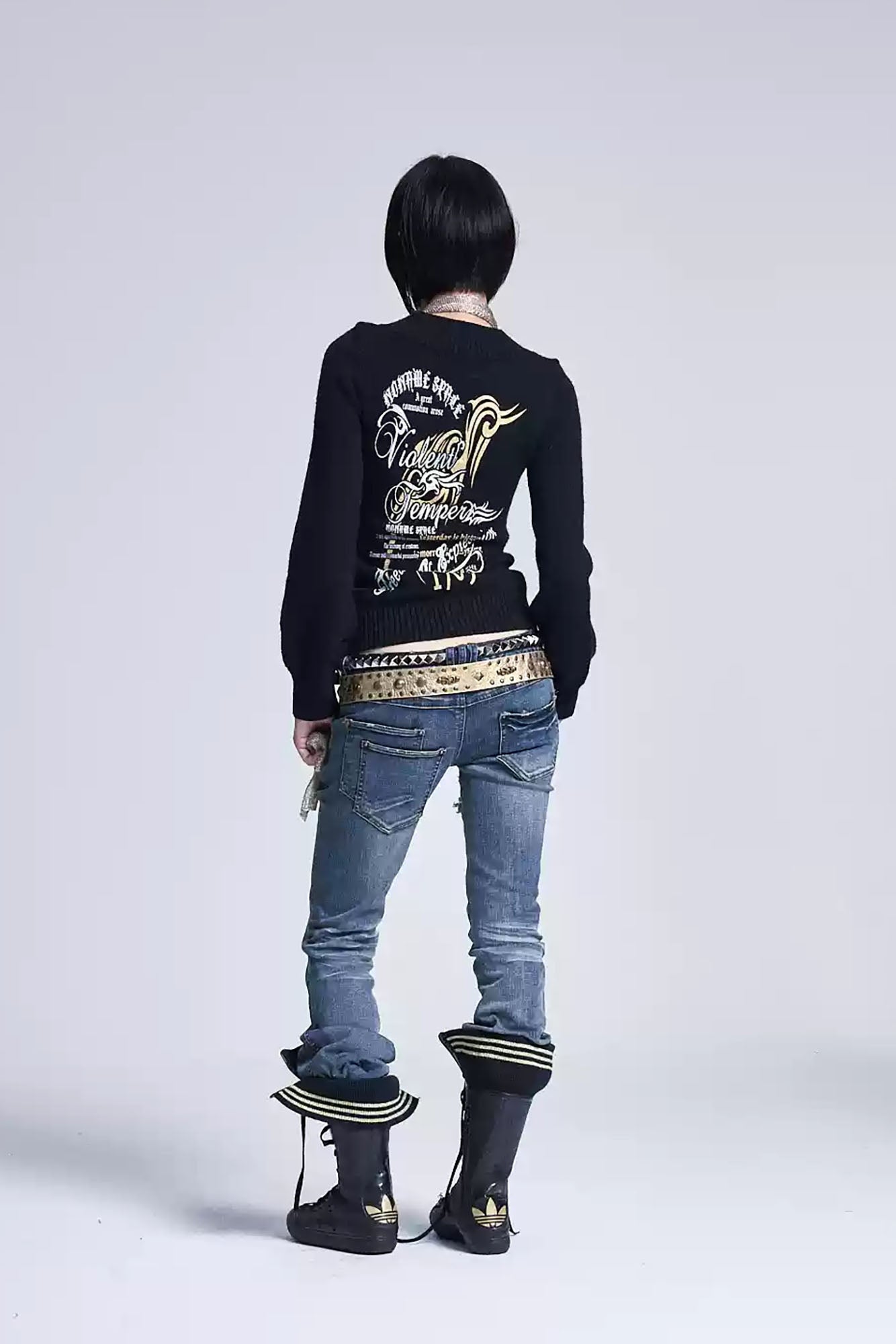NONAME SPACE Retro Printed V-Neck Bishop Sleeve Sweater