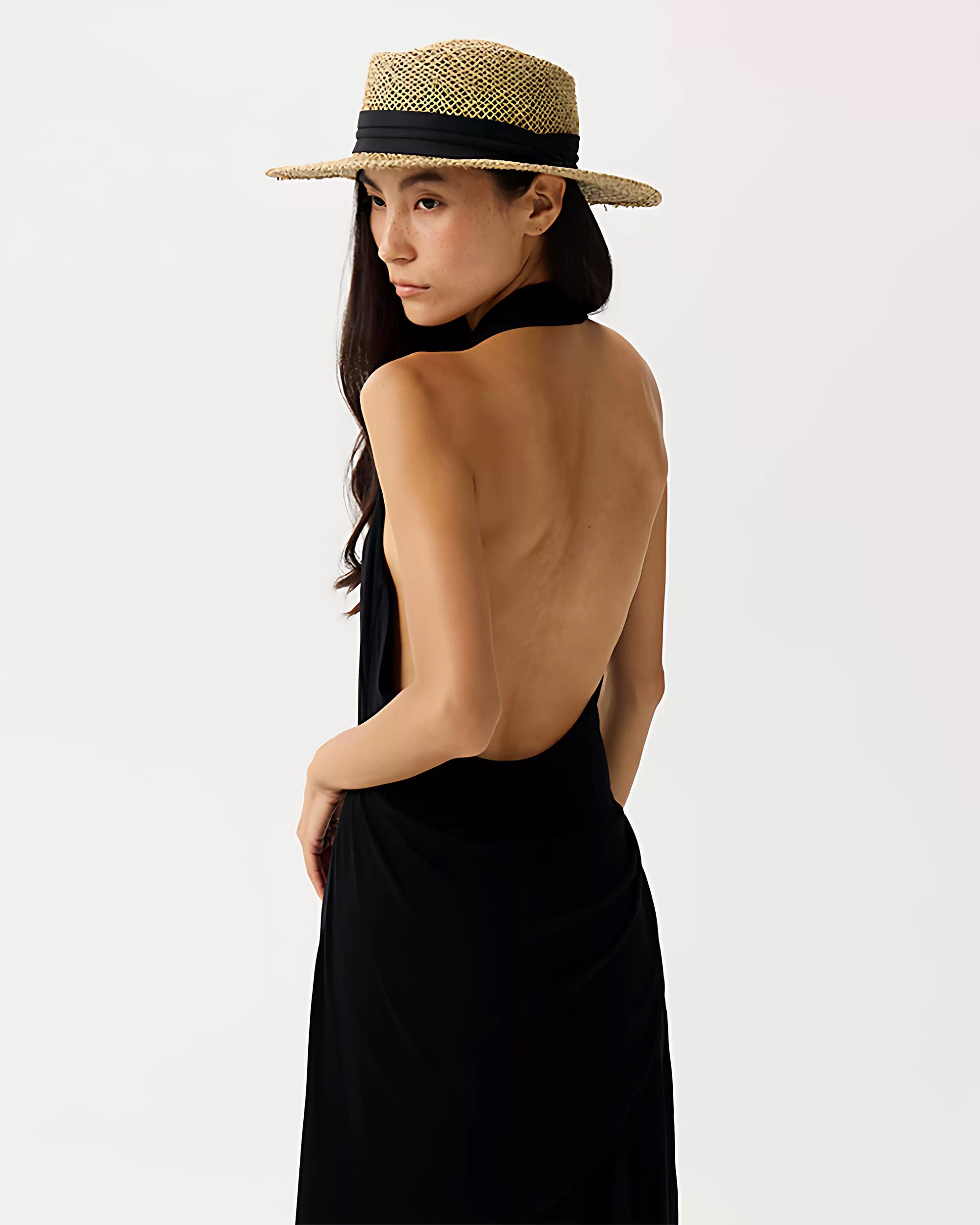 PCLA Draped Backless Pleated Halter Midi Dress