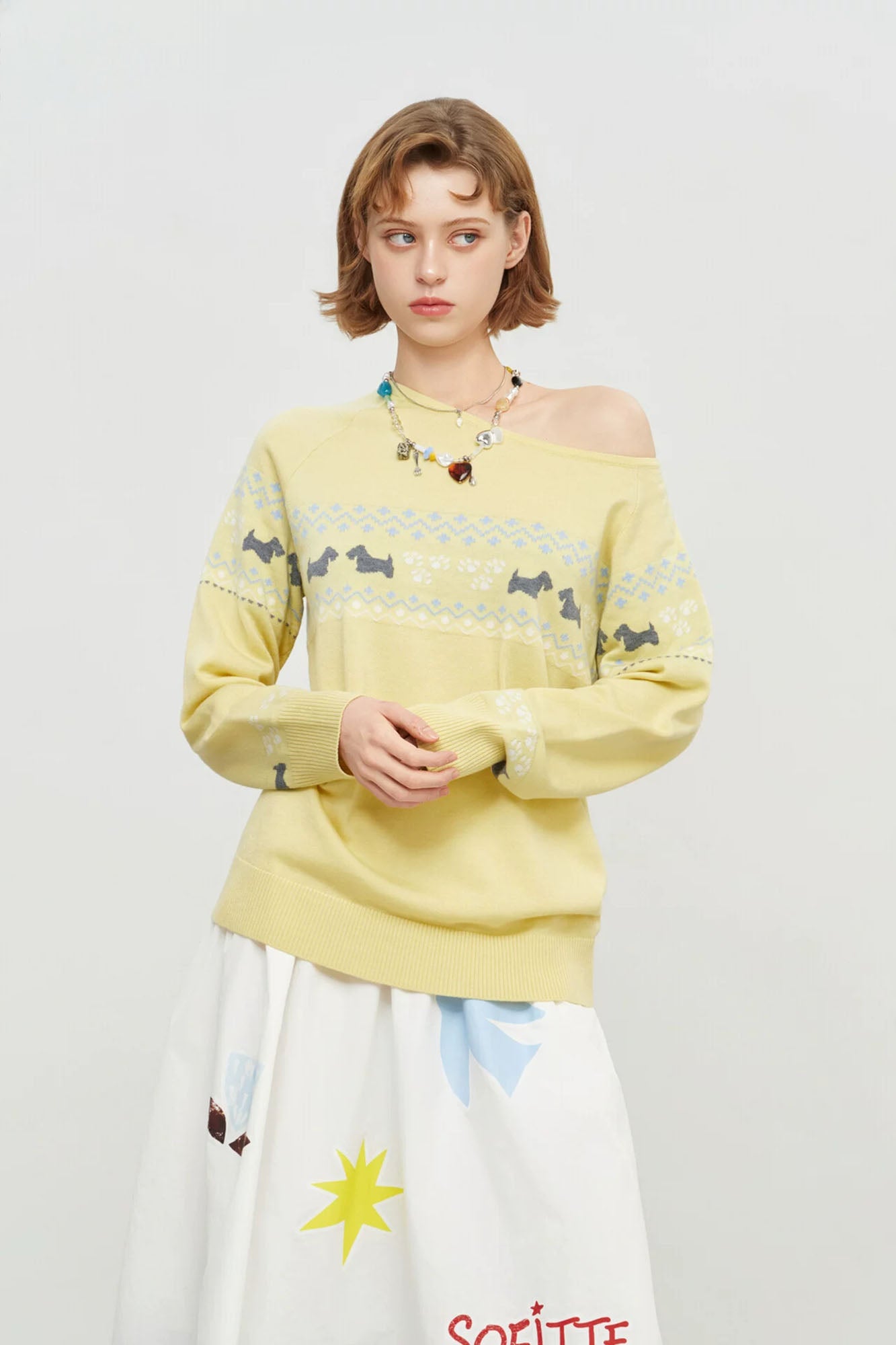 SOFITTE Off-Shoulder Dog Jacquard Sweater