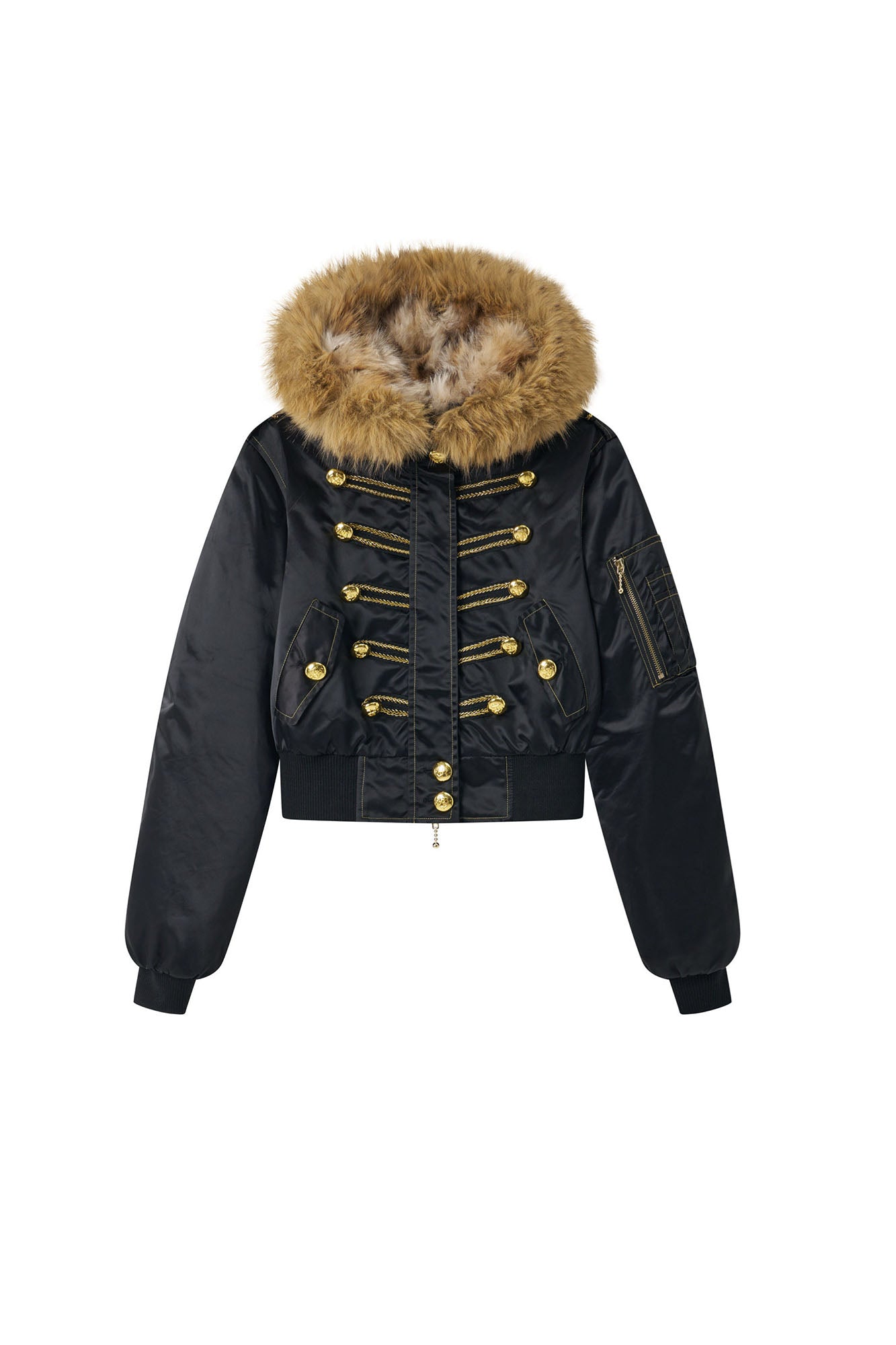 NONAME SPACE Retro Gold-Button Fur-Trim Bomber Jacket