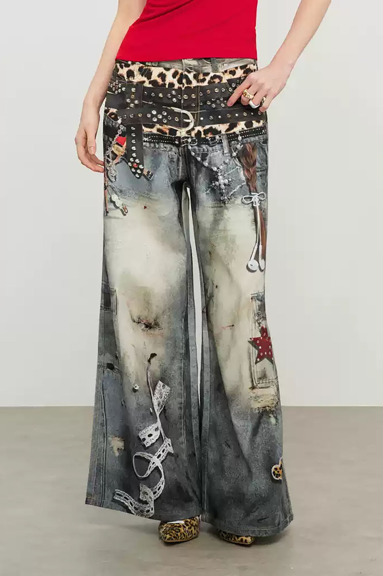 SOFITTE Leopard Waistband Trompe-L’Oeil Oversized Jeans