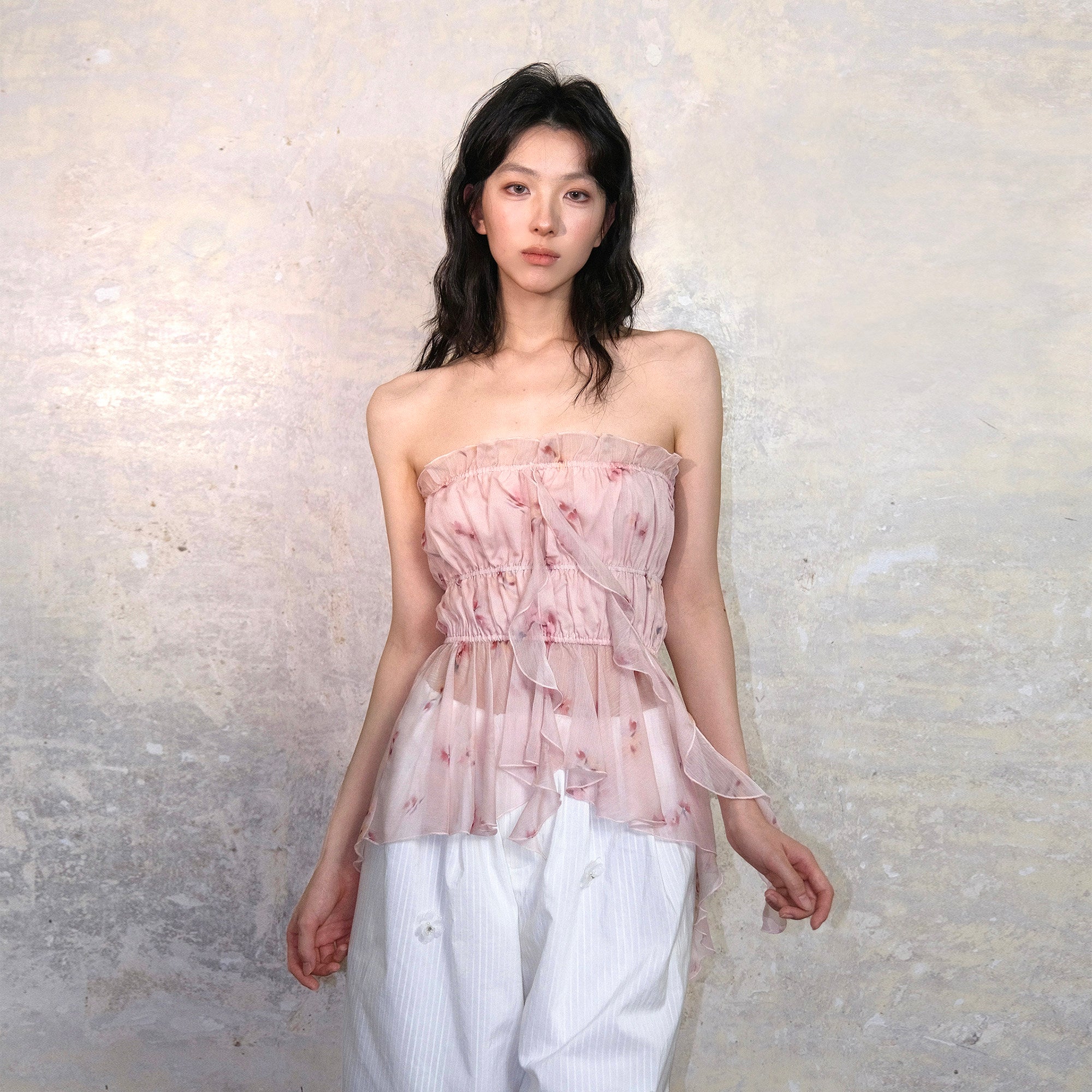 WHYNOTDANCE Strapless Floral Peplum Top