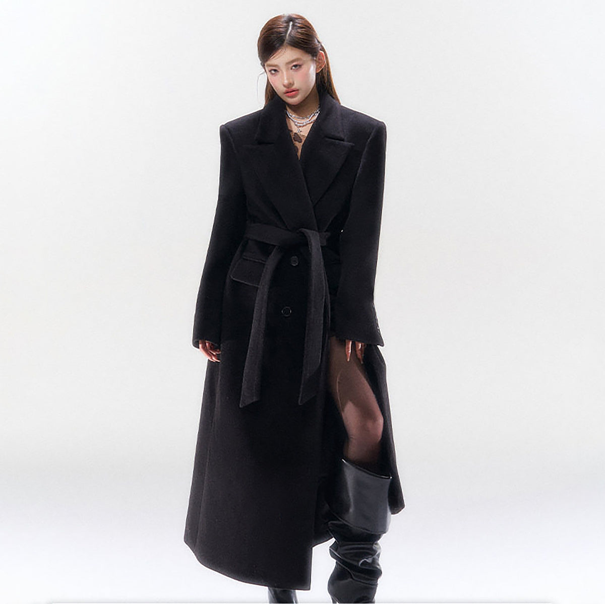HIIMDAI Wool-Blend Cinched-Waist Lapel Long Coat