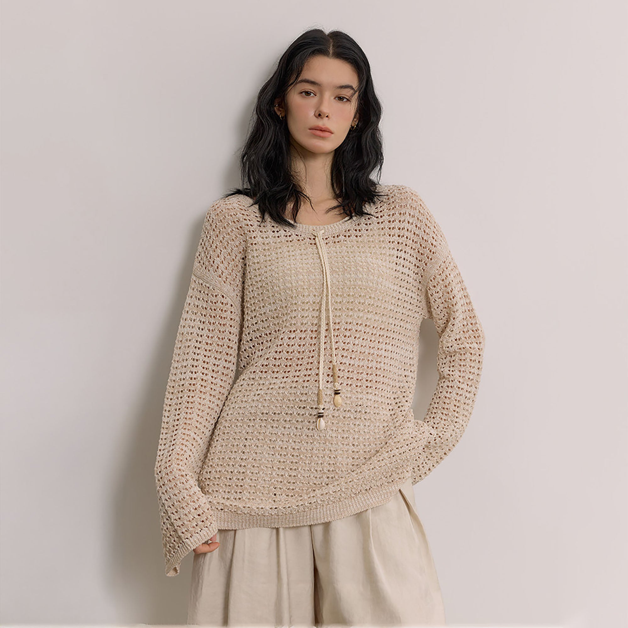 SAME FLOW Open-Knit Drawstring Oversized Sweater