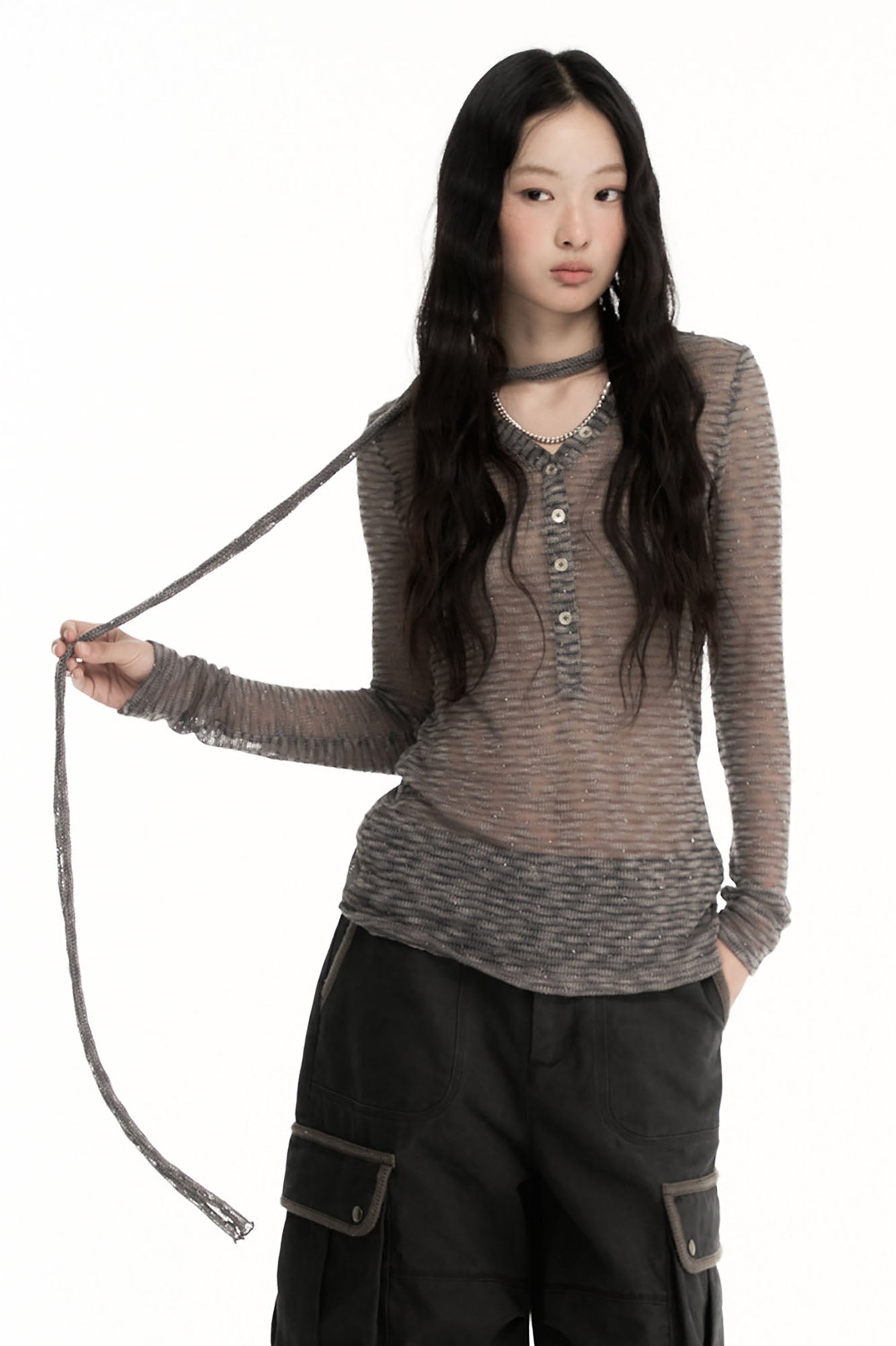 CONFUN Sheer Striped Long-Sleeve Polo Tee