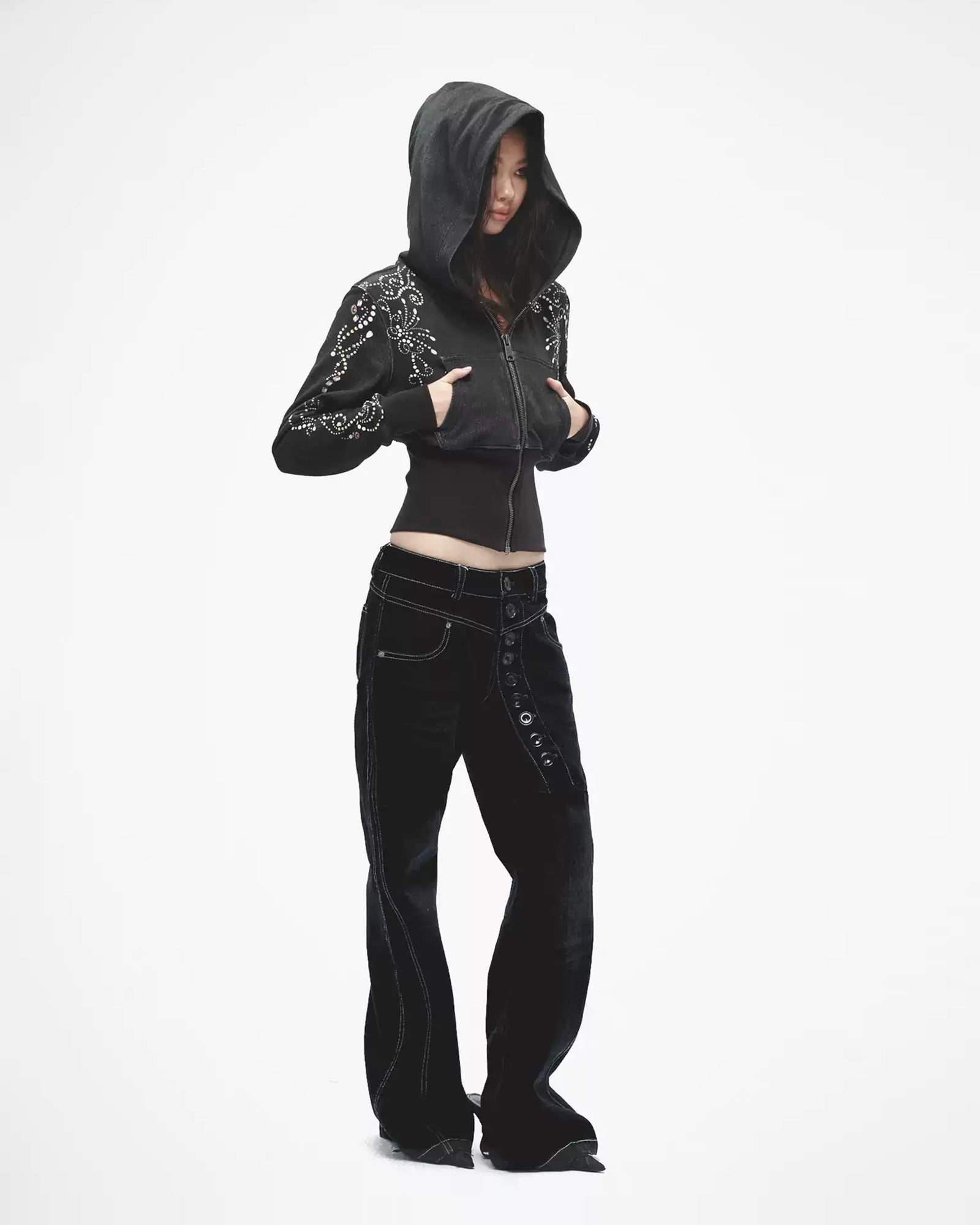 FAYCHUI Spiral Gem Studded Cropped Zip-Up Hoodie