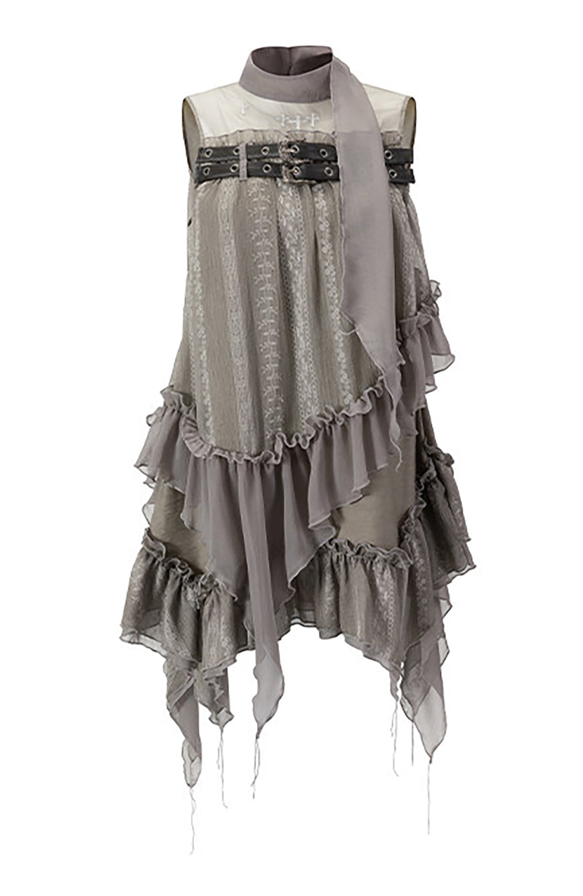 CESTNOUS Lace-Armored Cross Embroidered Layered Mesh Slip Dress