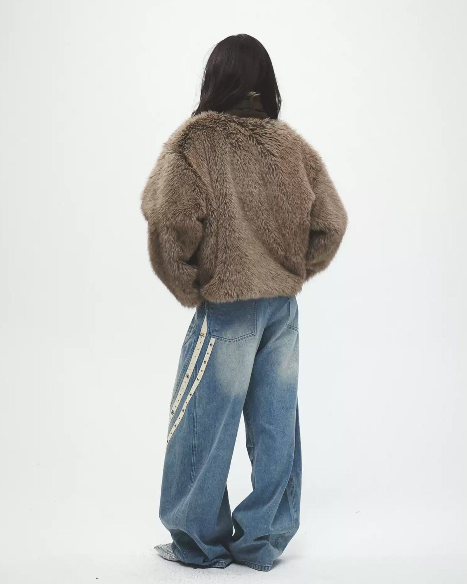 FAYCHUI Diamond Washed Curved Panel Wide-Leg Jeans