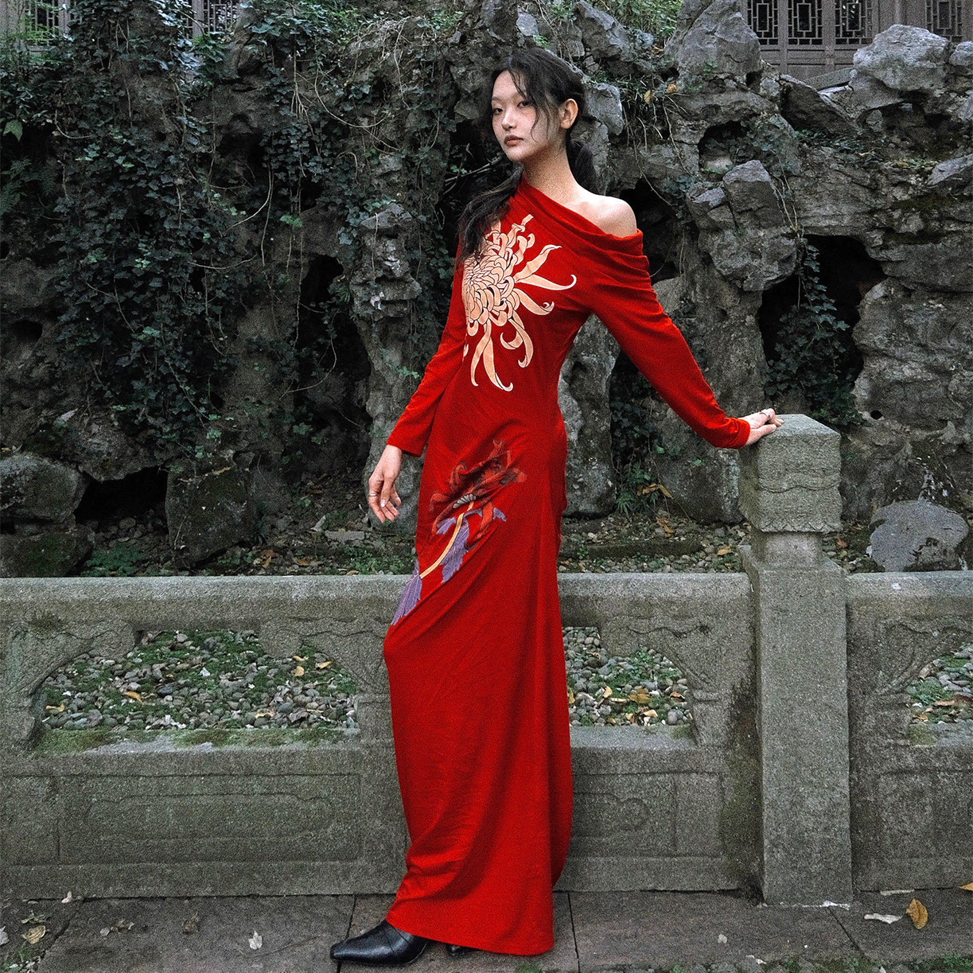 WHYNOTDANCE Asymmetrical Off-Shoulder Floral Maxi Dress