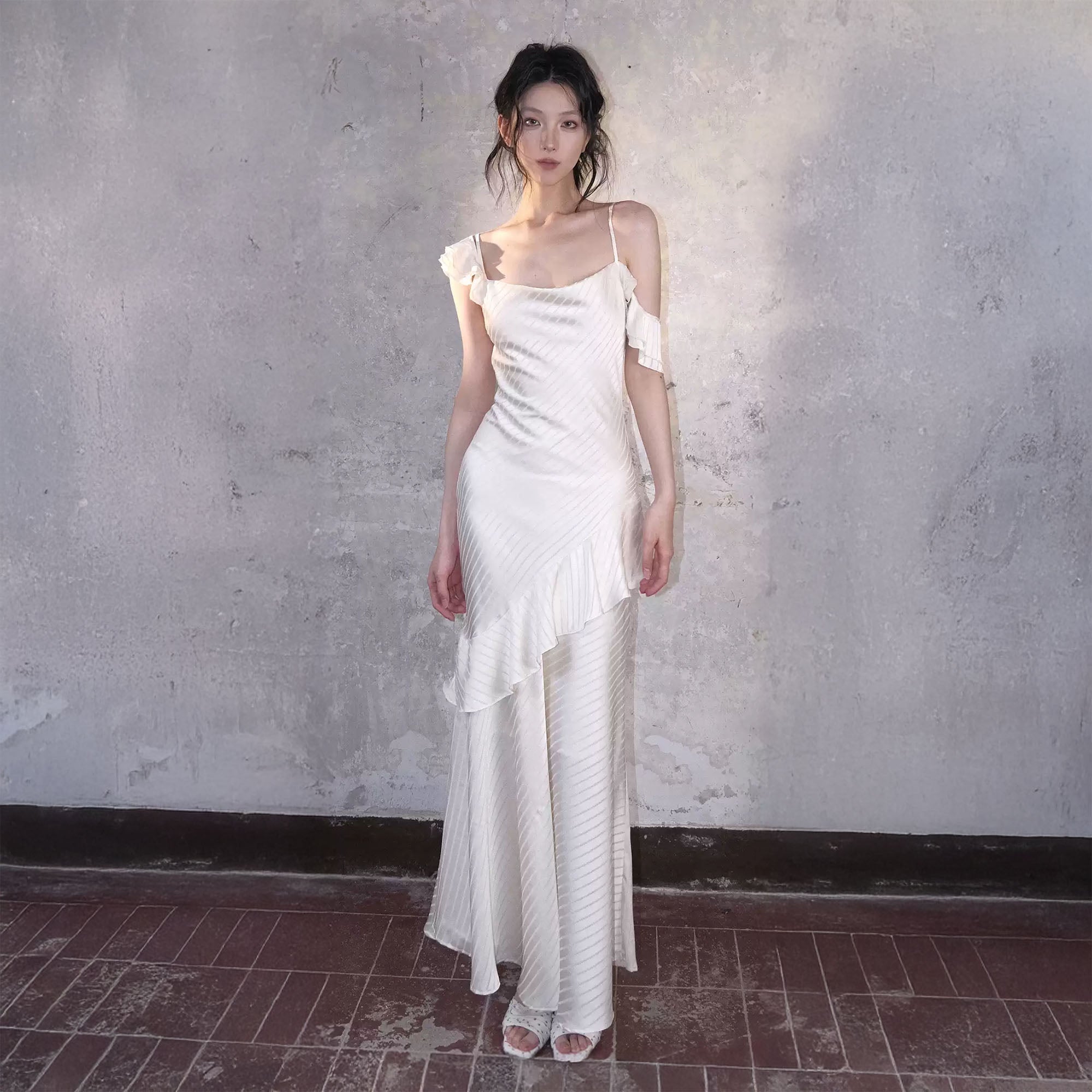 WHYNOTDANCE Satin Striped Ruffle-Hem Maxi Dress