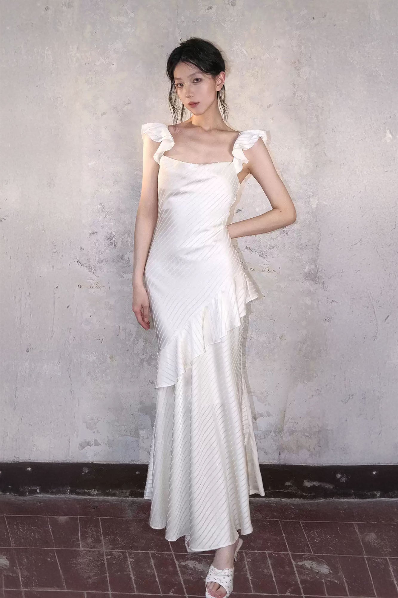 WHYNOTDANCE Satin Striped Ruffle-Hem Maxi Dress