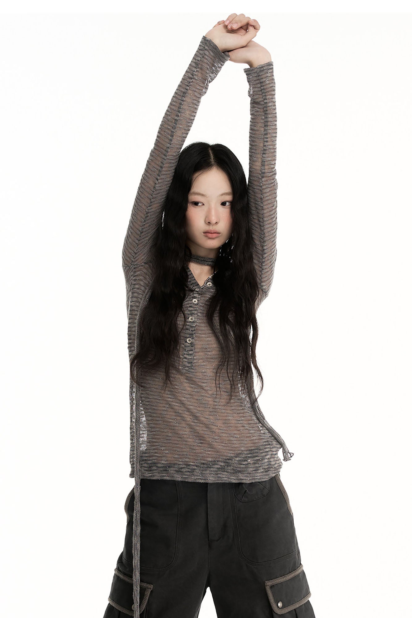 CONFUN Sheer Striped Long-Sleeve Polo Tee