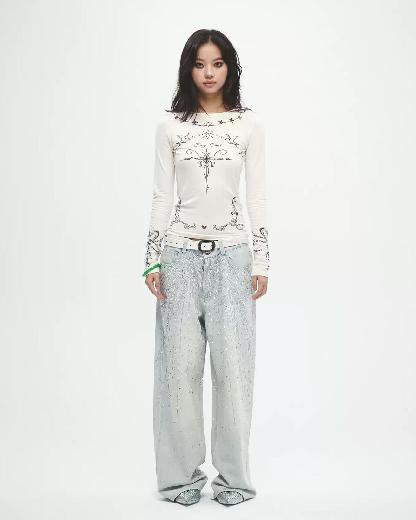 FAYCHUI Sparkly Diamond Denim Pants Light Blue