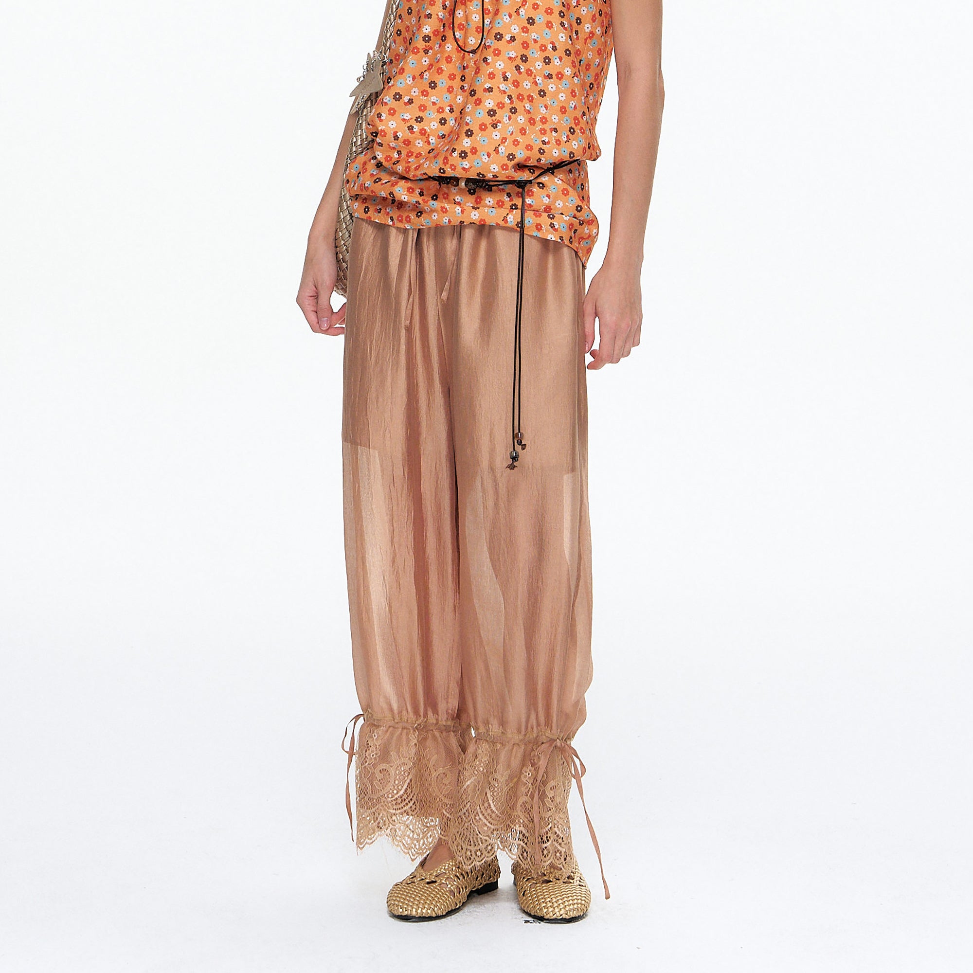 10AMSOTIIIIIIRED Crinkled Sheen Lace Trim Lantern Pants