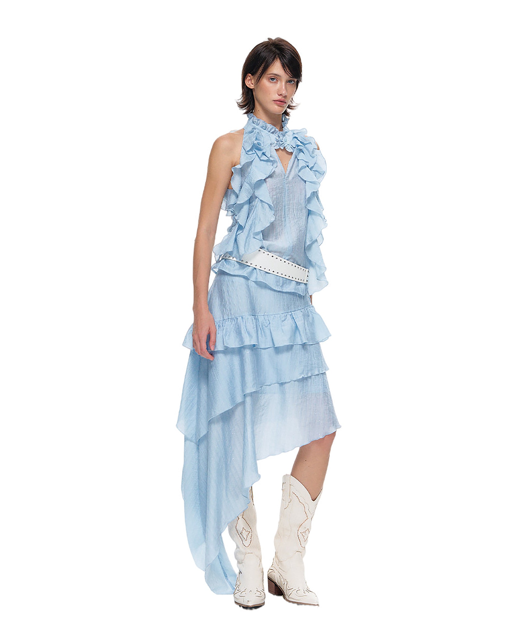 10AMSOTIIIIIIRED Tiered Ruffle Sleeveless Top & Asymmetric Skirt Set