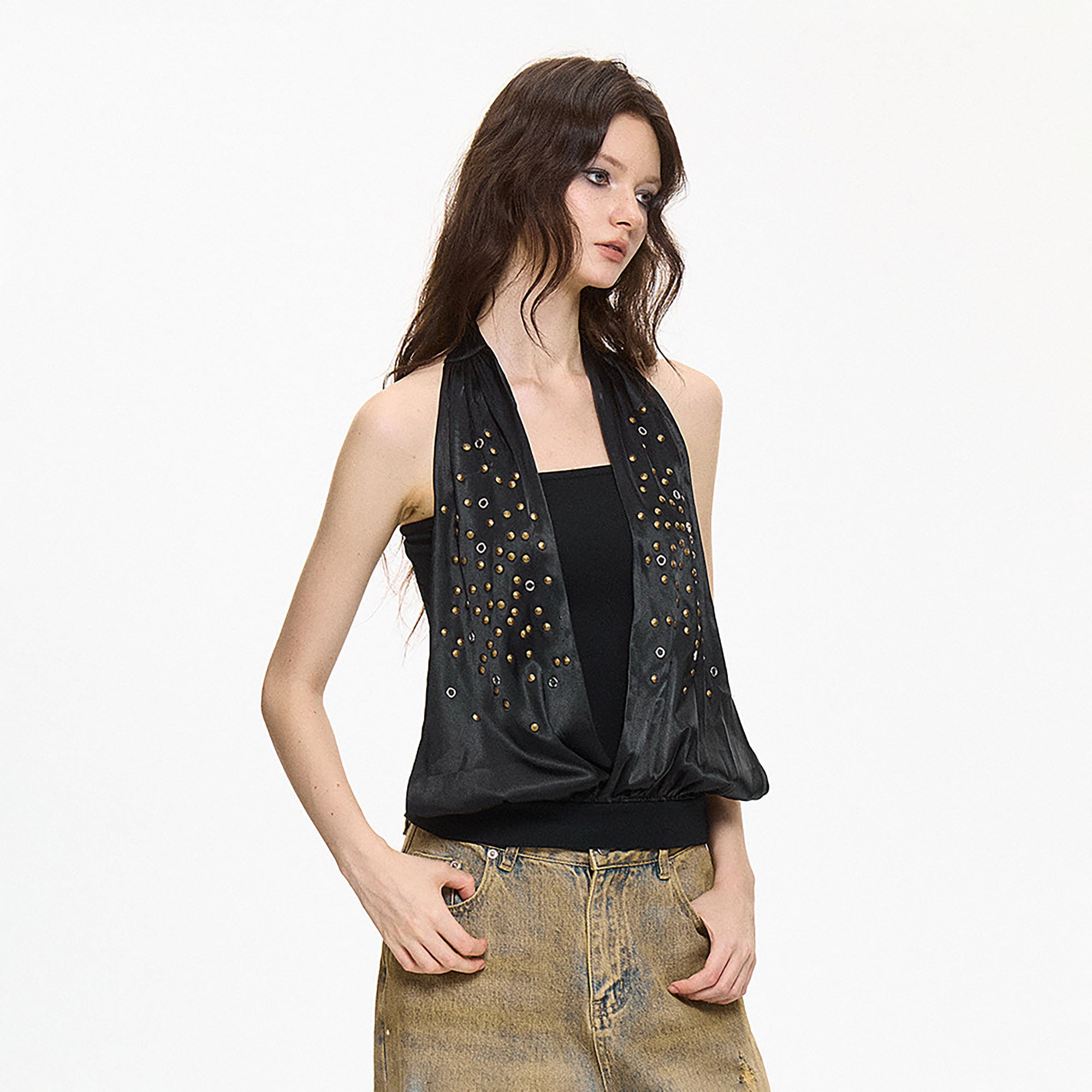 AE30 SAINT Studded Spliced Halter Tank Top