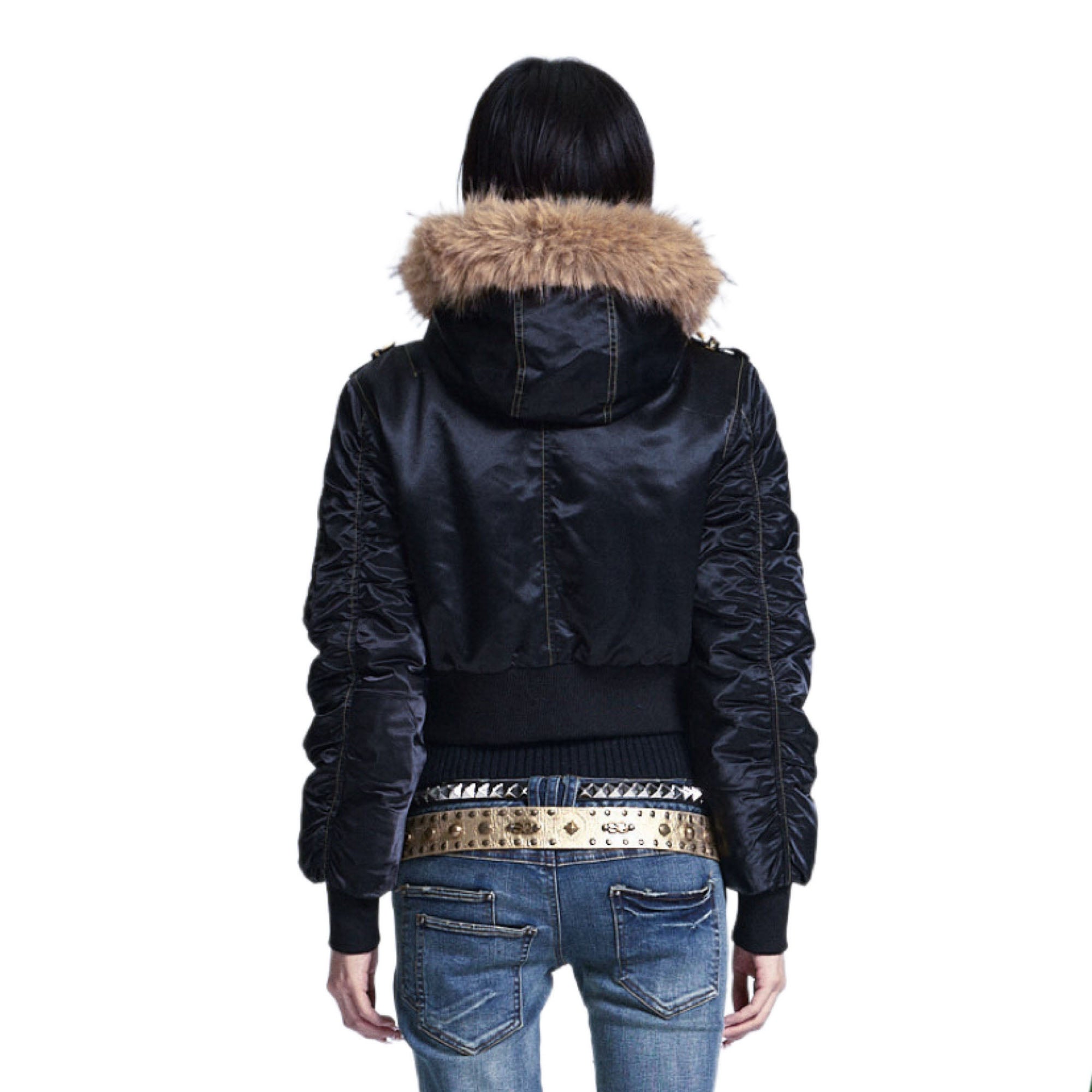 NONAME SPACE Retro Gold-Button Fur-Trim Bomber Jacket