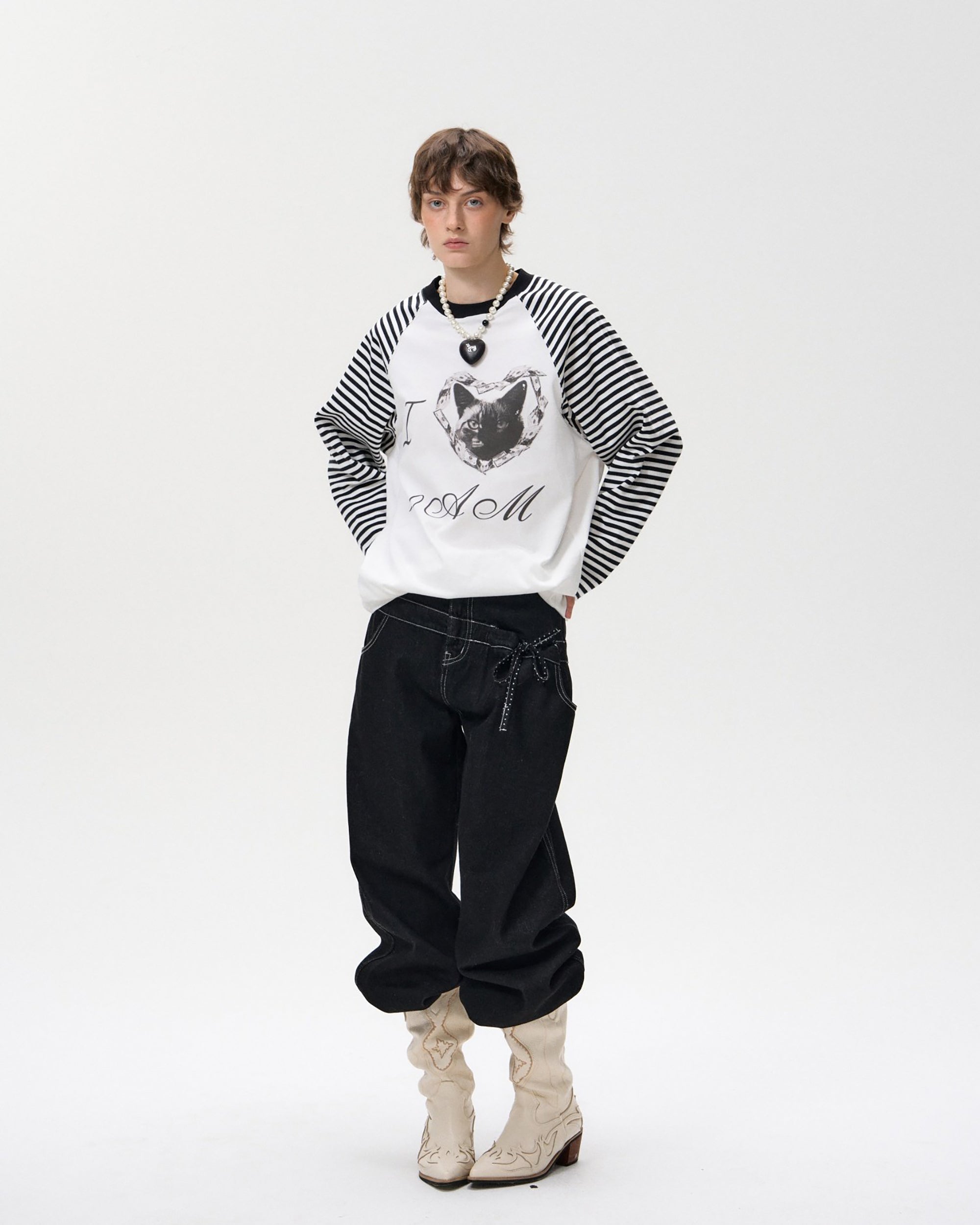 10AMSOTIIIIIIRED Modern Polka-Dot Waist Wide-Leg Jeans