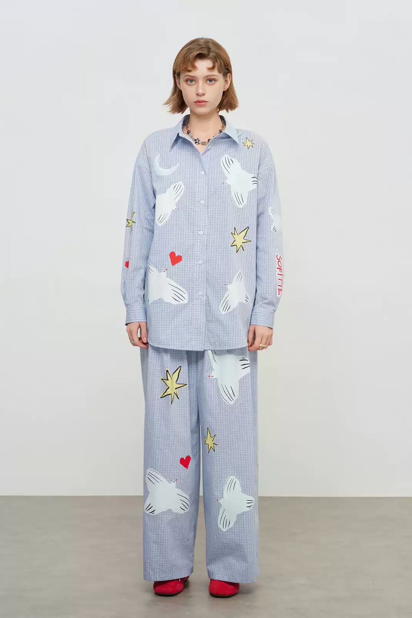 SOFITTE Checked Dove Graphic Wide-Leg Pants