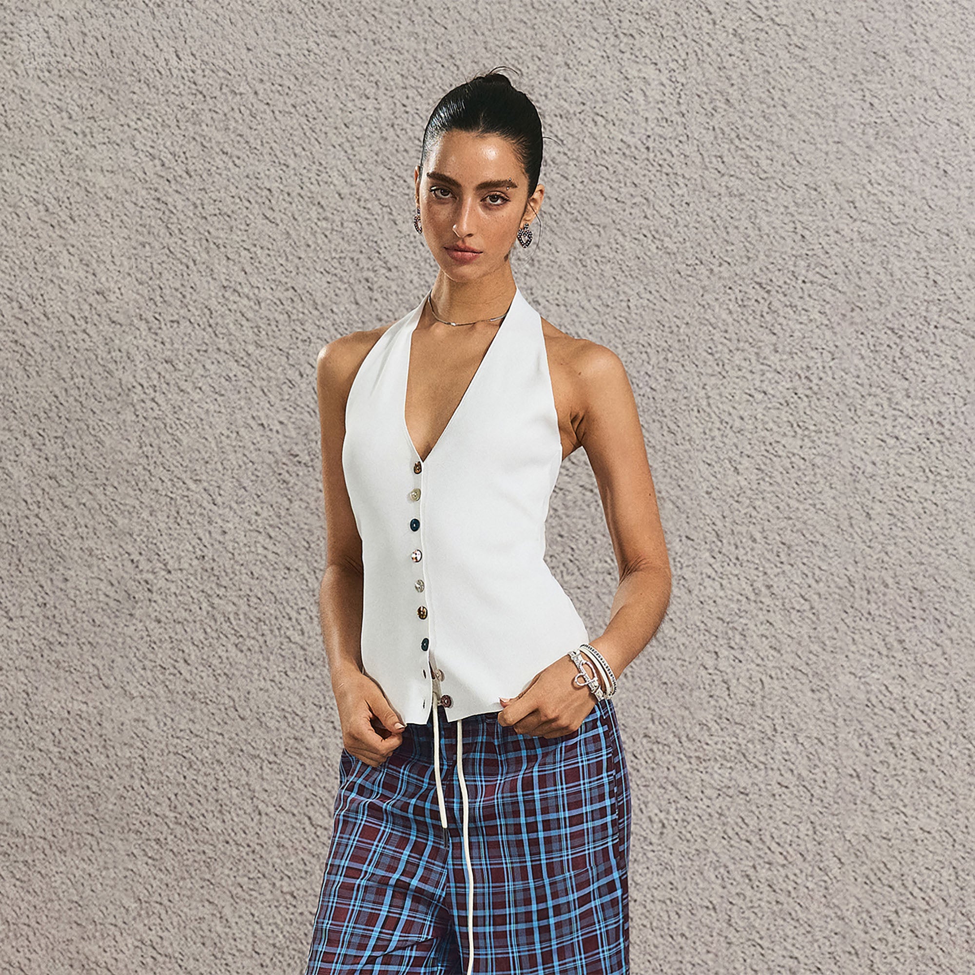 THE NEVERMORE Button-Up Halter Knit Top