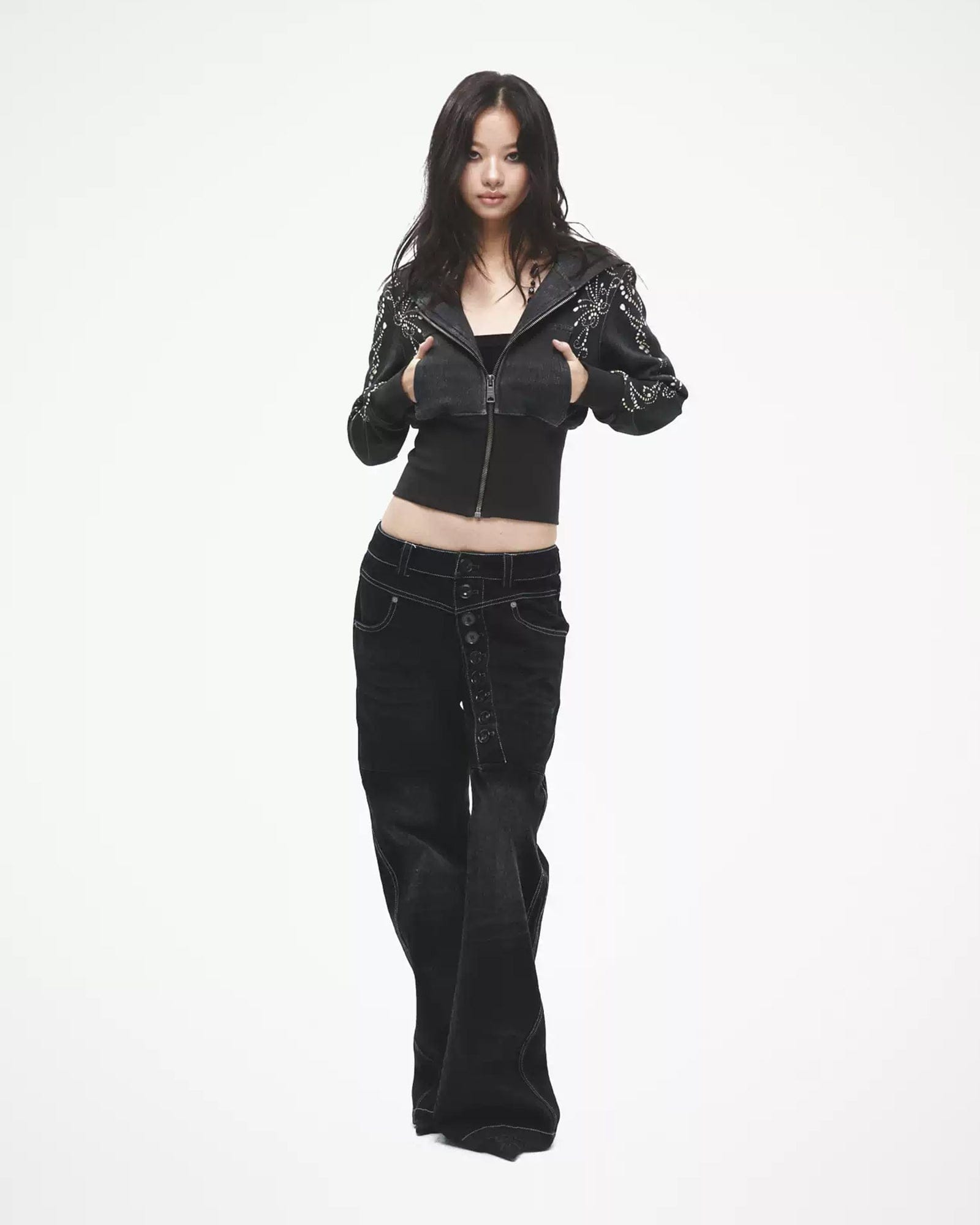 FAYCHUI Spiral Gem Studded Cropped Zip-Up Hoodie