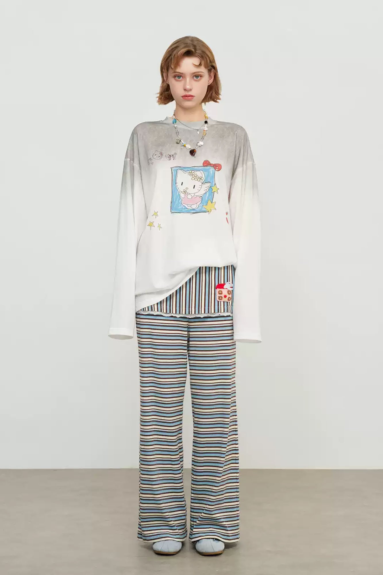 SOFITTE Lace-Hem Layer Striped Wide-Leg Pants