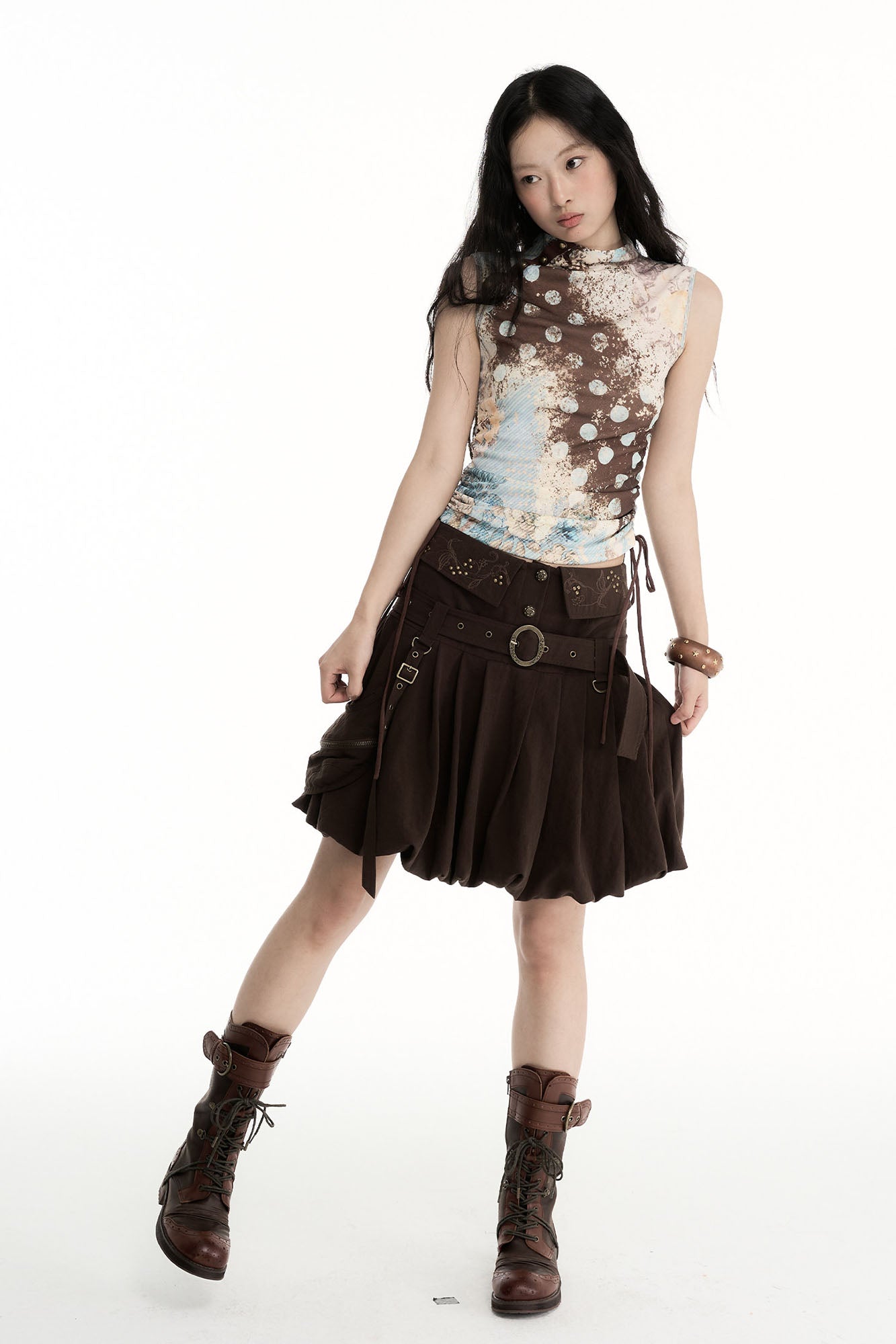 CONFUN Contrast Spliced Floral Drawstring Sleeveless Tee