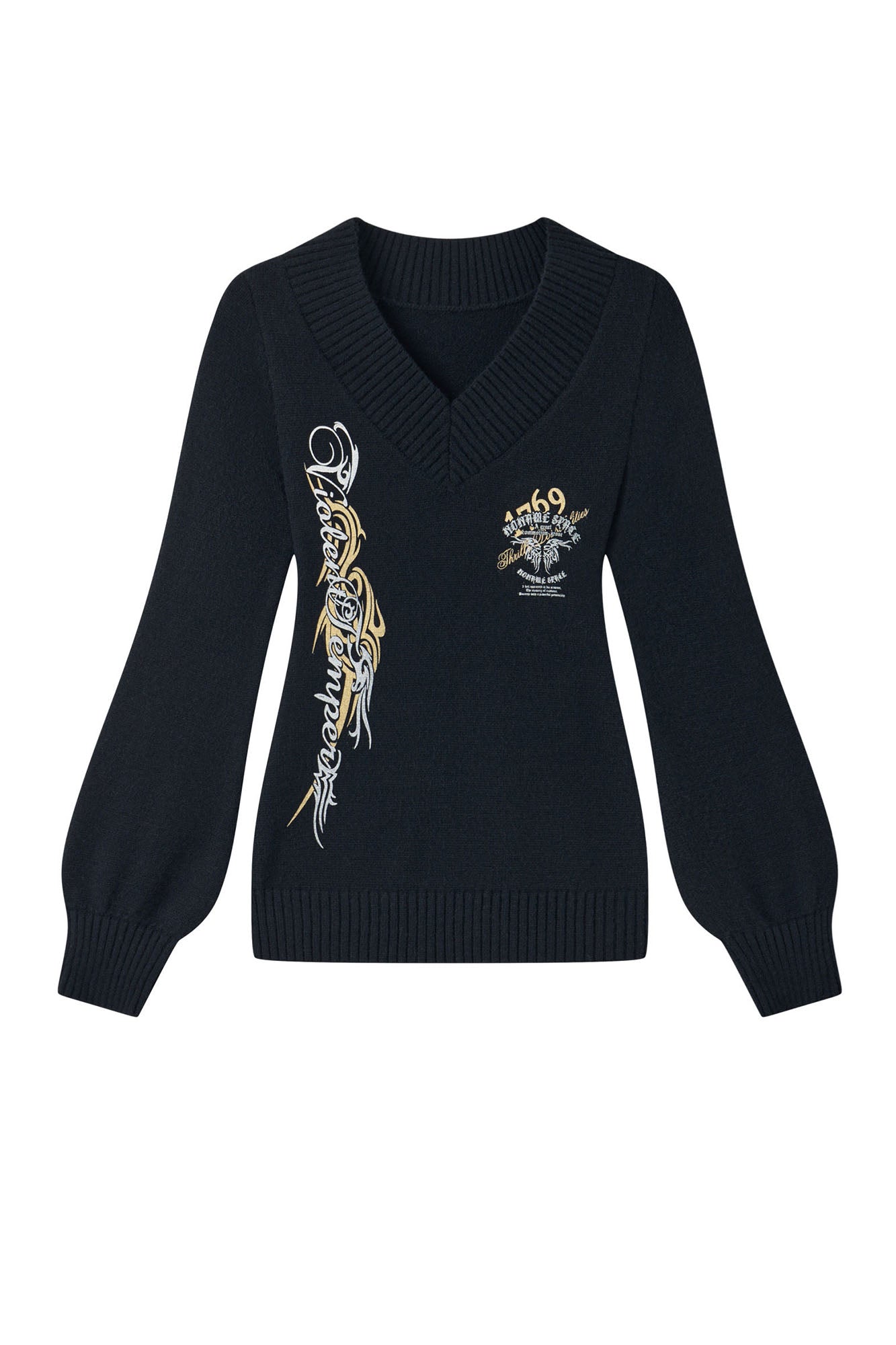 NONAME SPACE Retro Printed V-Neck Bishop Sleeve Sweater
