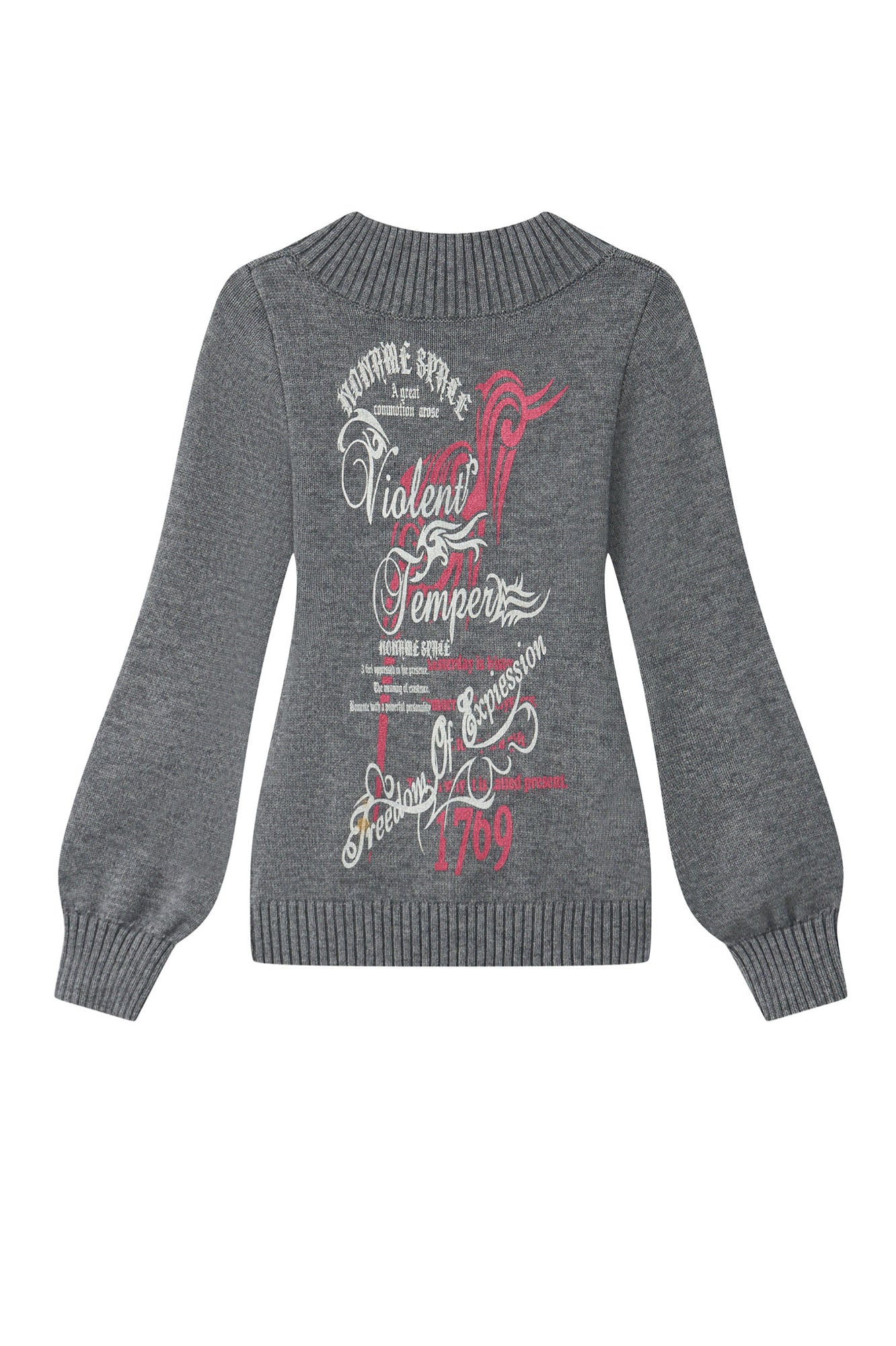 NONAME SPACE Retro Printed V-Neck Bishop Sleeve Sweater