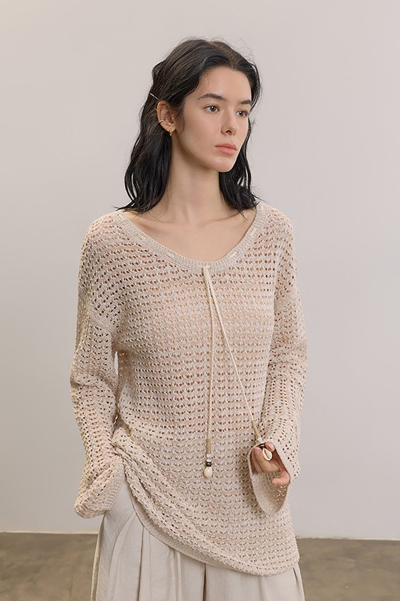 SAME FLOW Open-Knit Drawstring Oversized Sweater