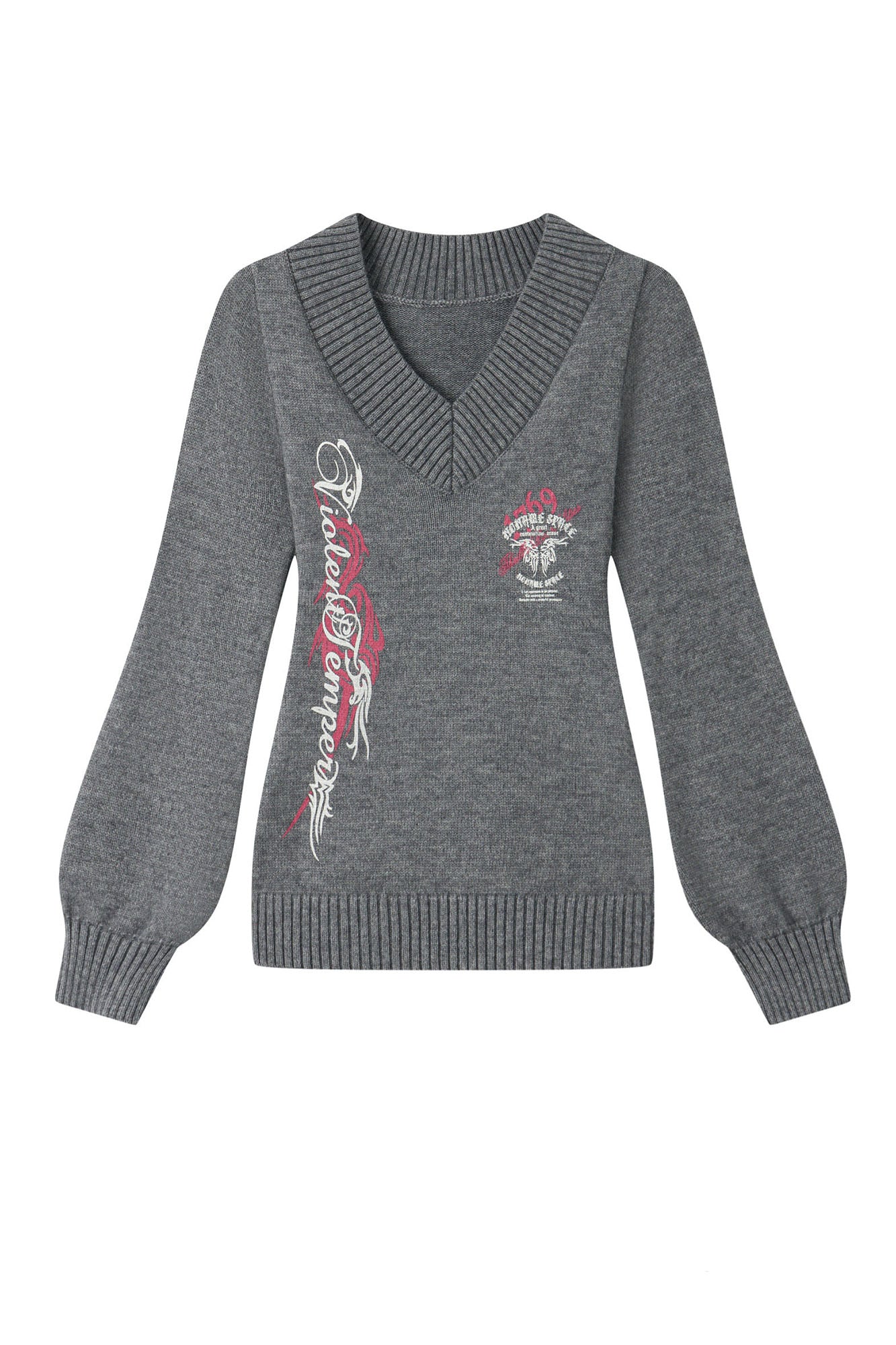NONAME SPACE Retro Printed V-Neck Bishop Sleeve Sweater