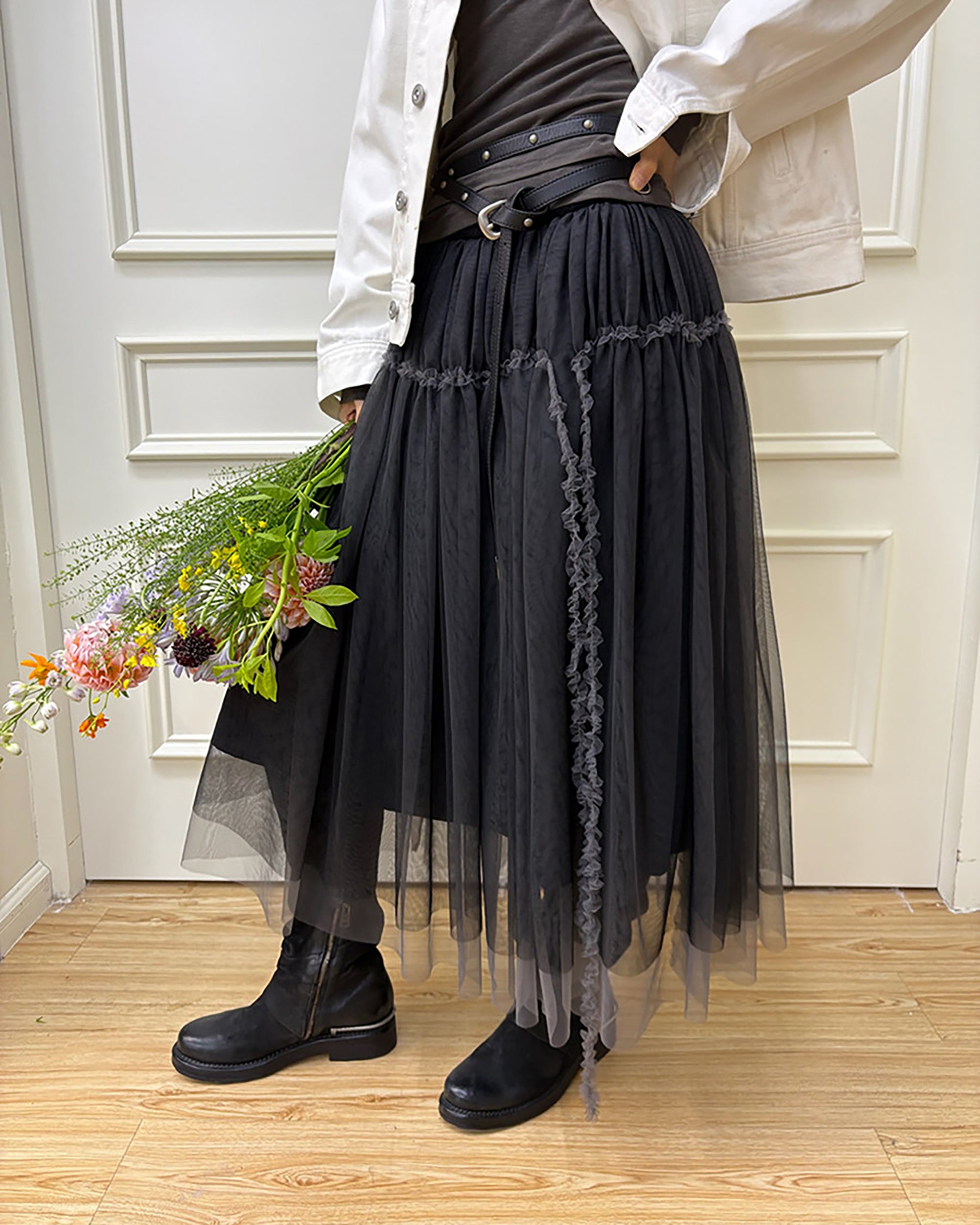NEVERSEEZ Layered Sheer Mesh Pleated Midi Skirt