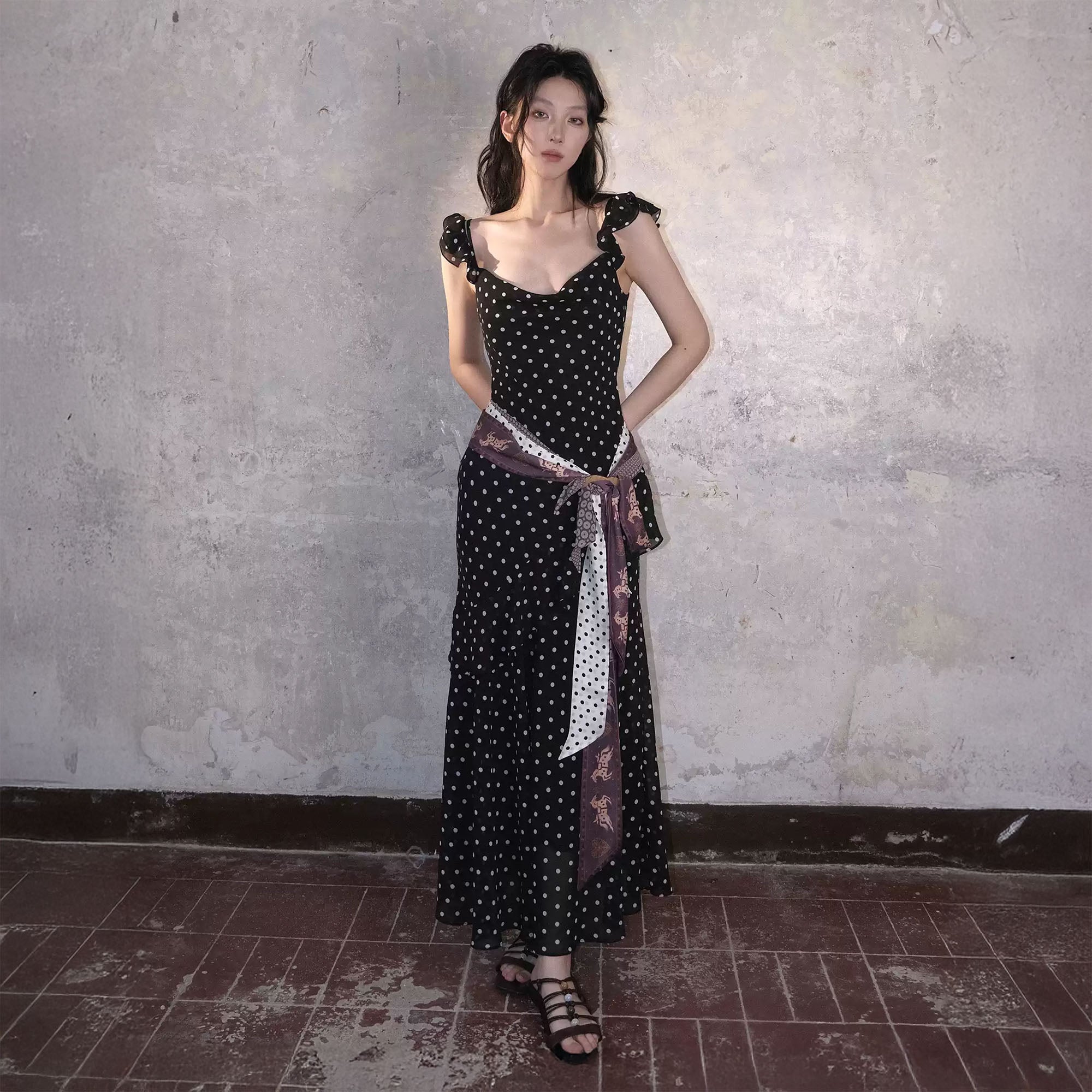 WHYNOTDANCE Polka Dot Ruffle-Hem Maxi Dress