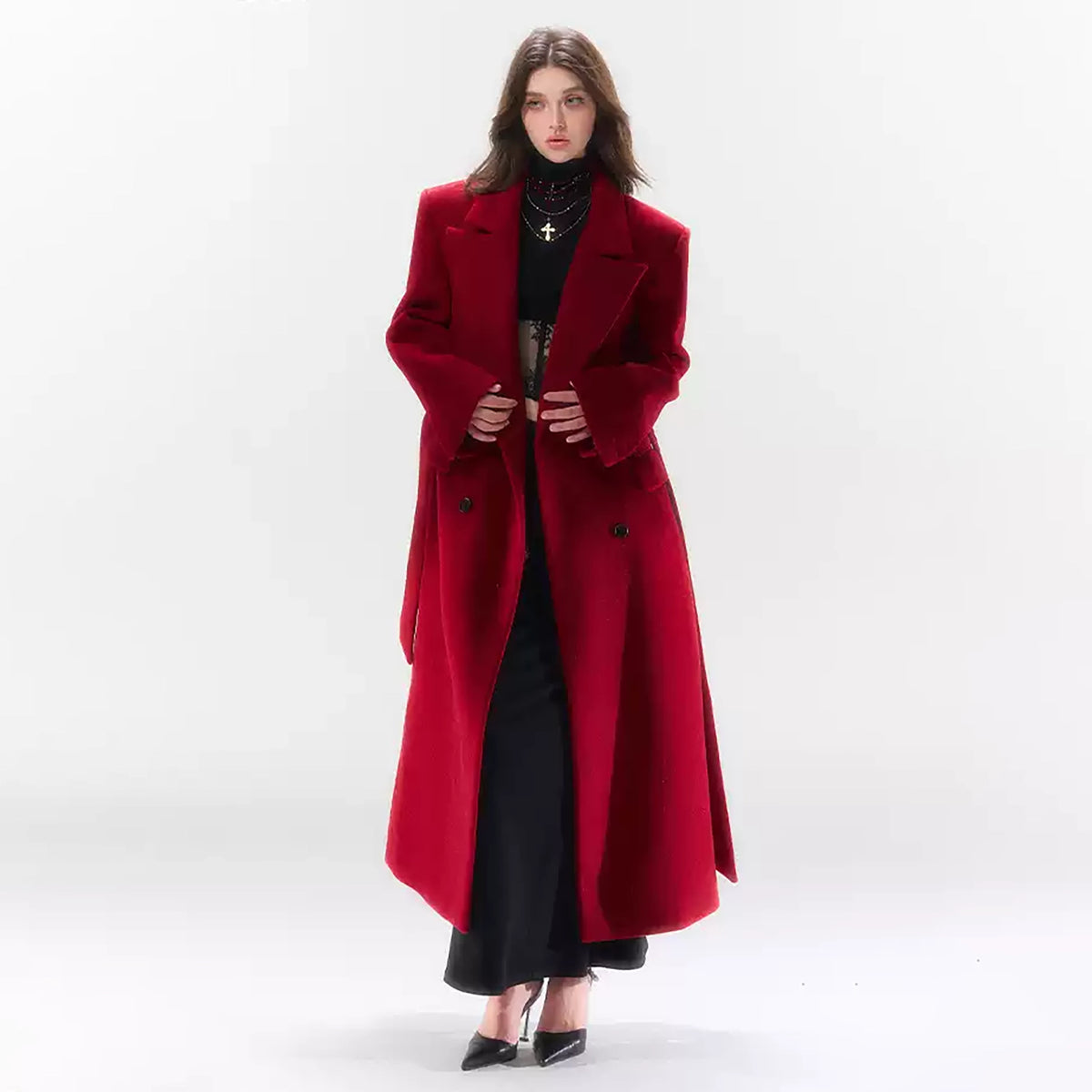 HIIMDAI Wool-Blend Cinched-Waist Lapel Long Coat