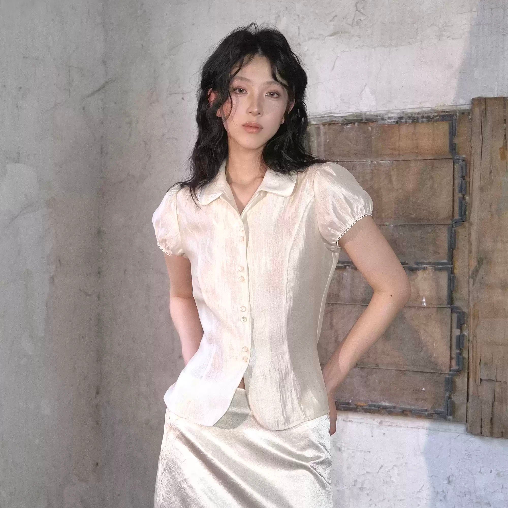 WHYNOTDANCE Acetate Puff-Sleeve Satin Shirt