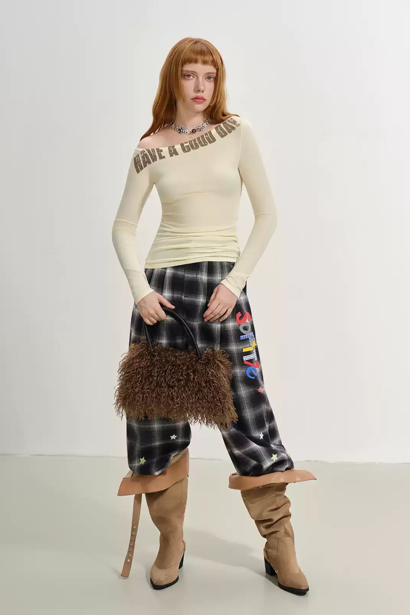 SOFITTE Denim-Waist Plaid Wide-Leg Pants