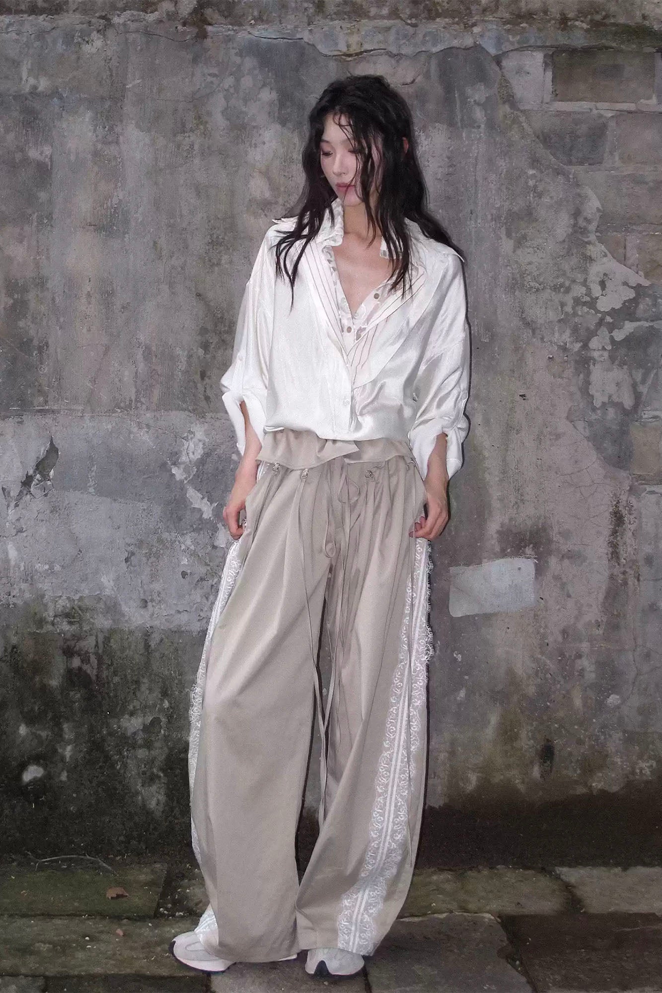 WHYNOTDANCE Lace-Trim Tencel-Blend Oversized Pants