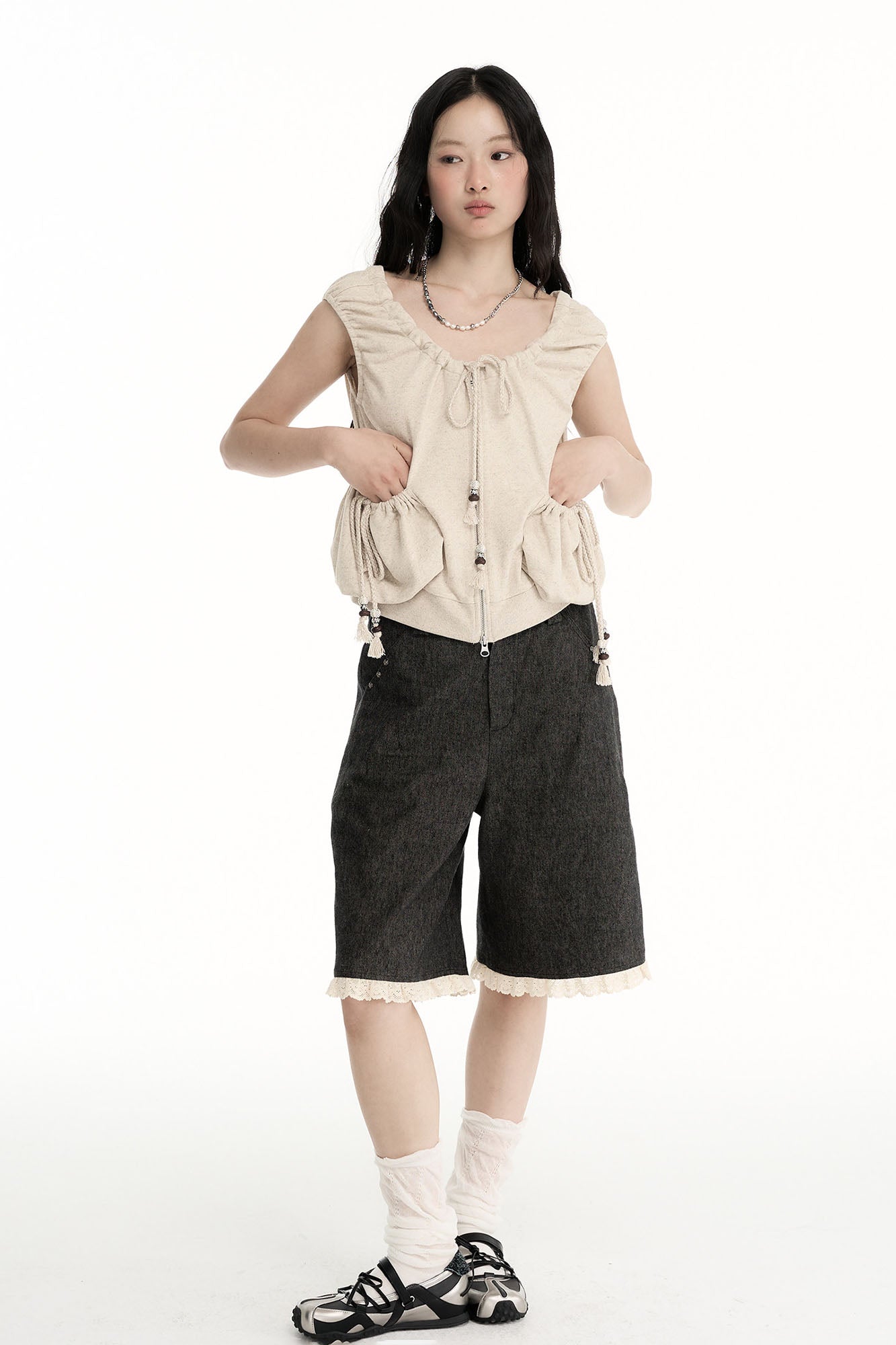 CONFUN Ruched Drawstring Zip-Up Top