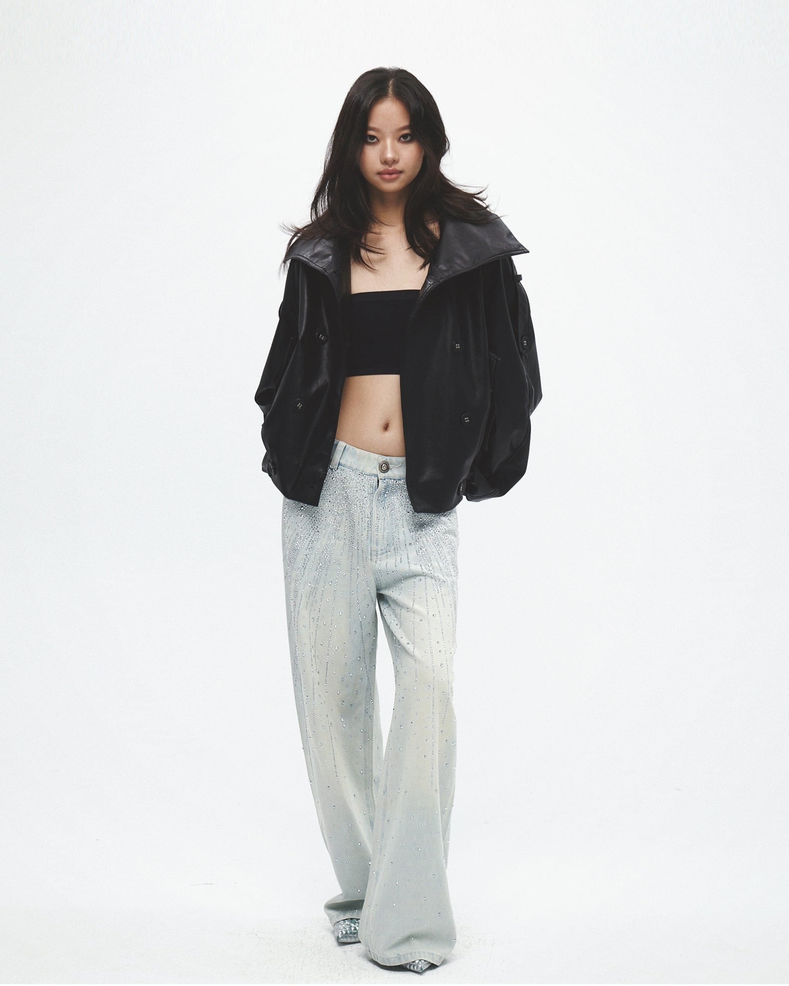 FAYCHUI Double-Breasted Faux Leather Jacket